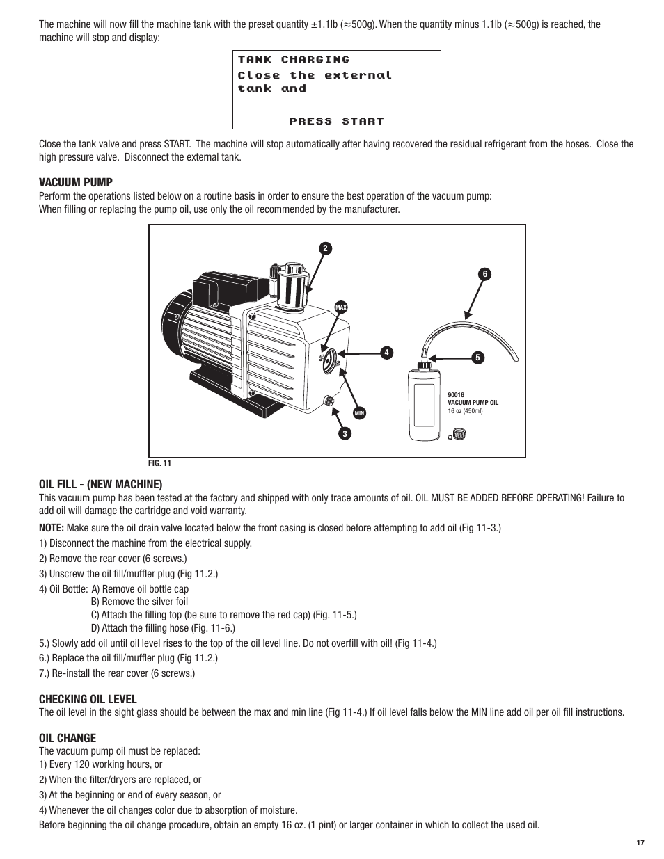 Vacuum pump, Oil fill - (new machine), Checking oil level | Oil change | Mastercool 69788-A R134a RECOVERY_RECYCLE_RECHARGE User Manual | Page 17 / 24