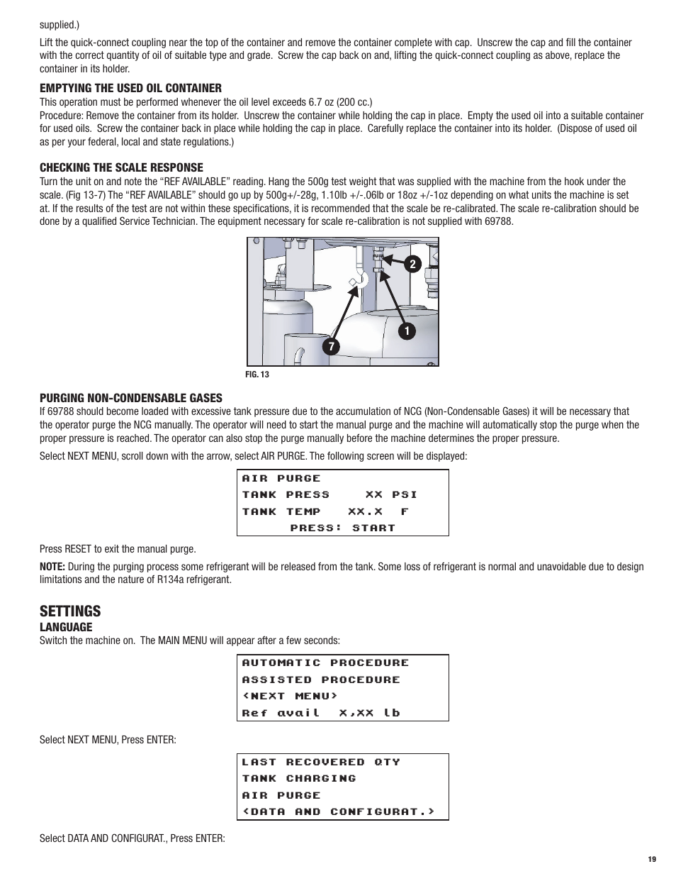 Settings | Mastercool 69788-A R134a RECOVERY_RECYCLE_RECHARGE User Manual | Page 19 / 24