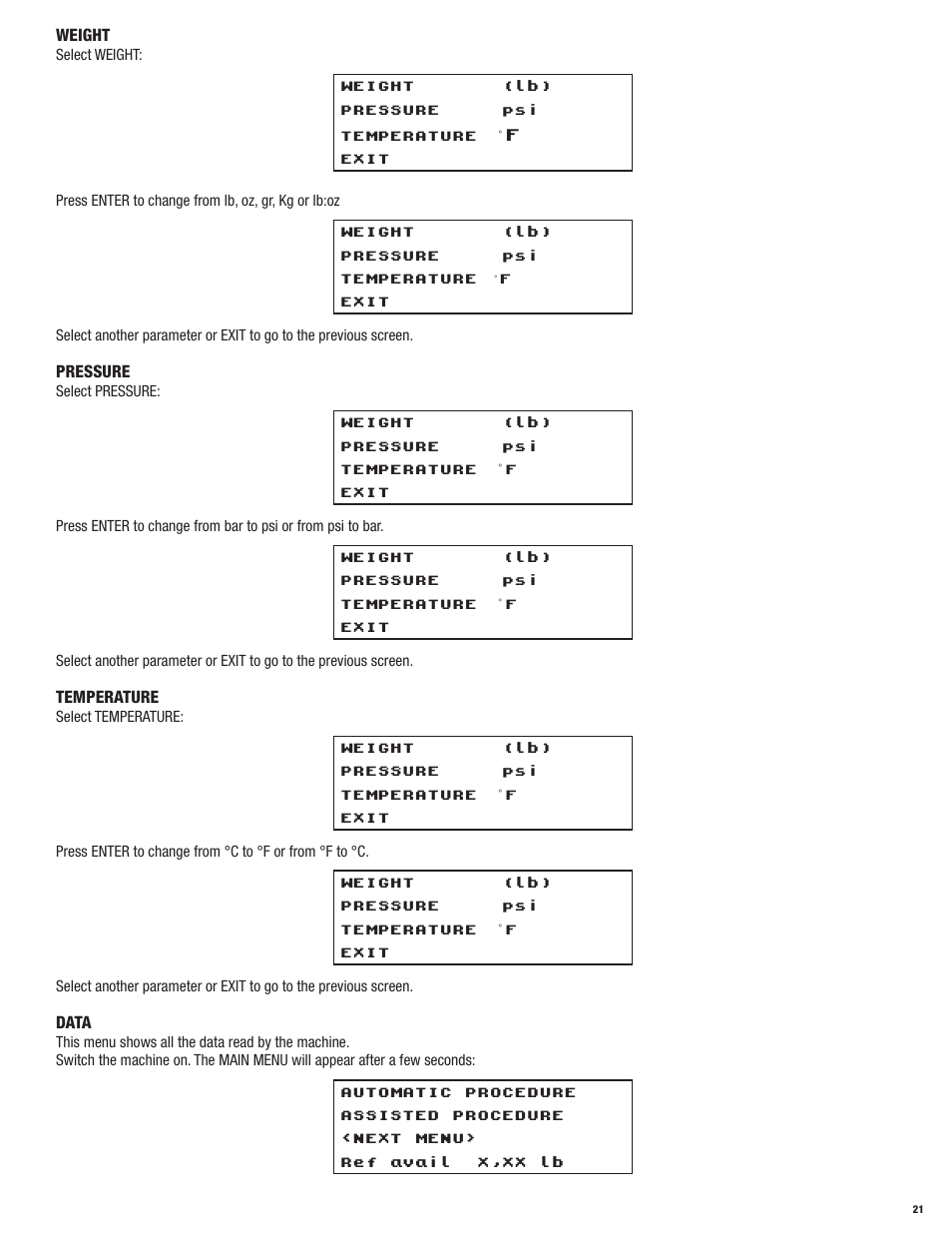 Weight, Pressure, Temperature | Data | Mastercool 69788-A R134a RECOVERY_RECYCLE_RECHARGE User Manual | Page 21 / 24