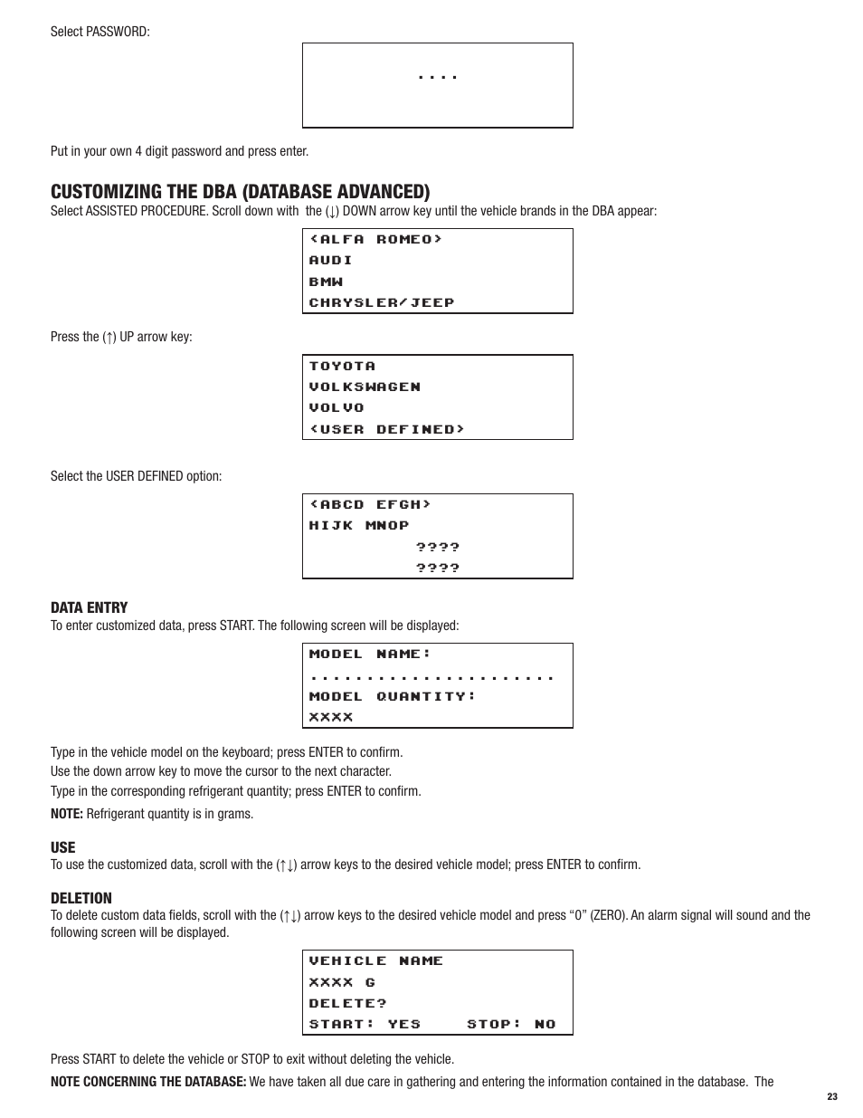 Customizing the dba (database advanced) | Mastercool 69788-A R134a RECOVERY_RECYCLE_RECHARGE User Manual | Page 23 / 24
