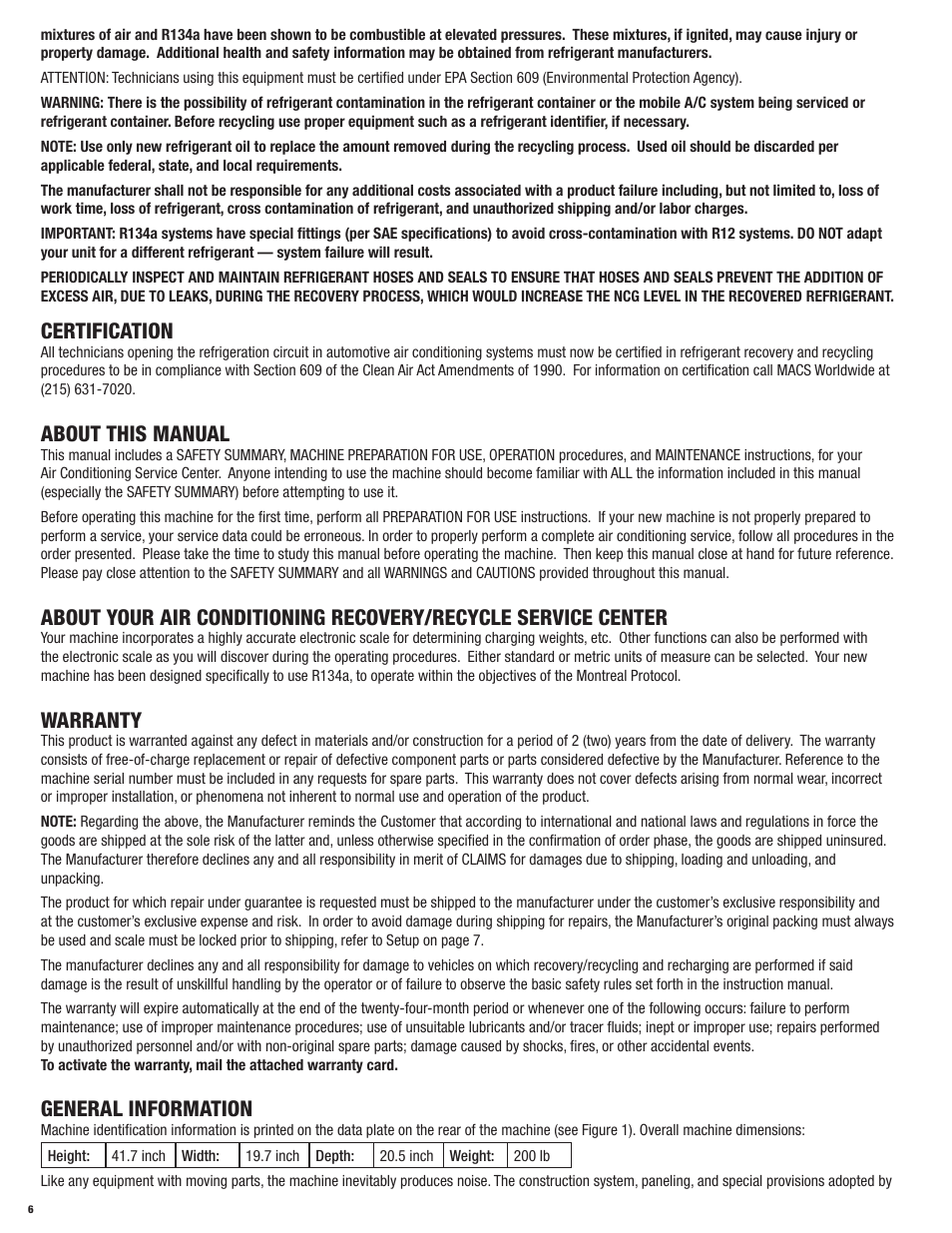 Certification, About this manual, Warranty | General information | Mastercool 69788-A R134a RECOVERY_RECYCLE_RECHARGE User Manual | Page 6 / 24