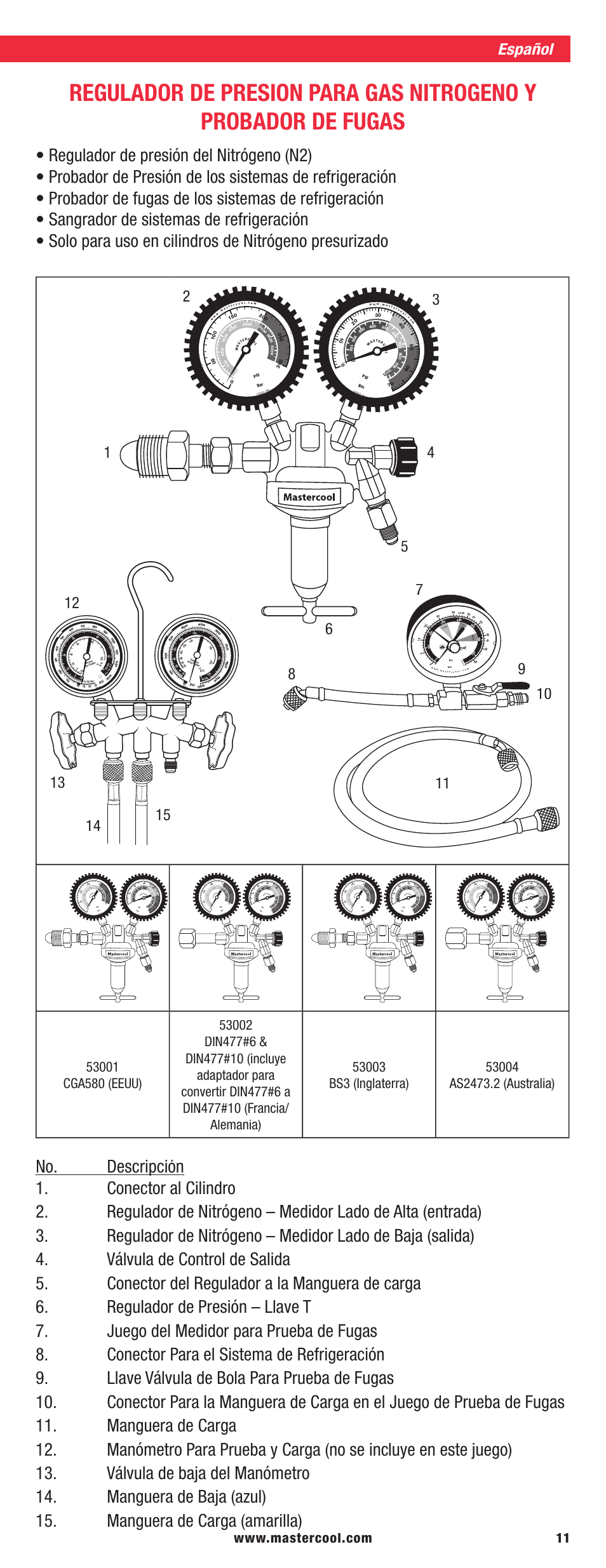 Mastercool 53040 PRESSURE TESTING REGULATOR KIT User Manual | Page 11 / 20