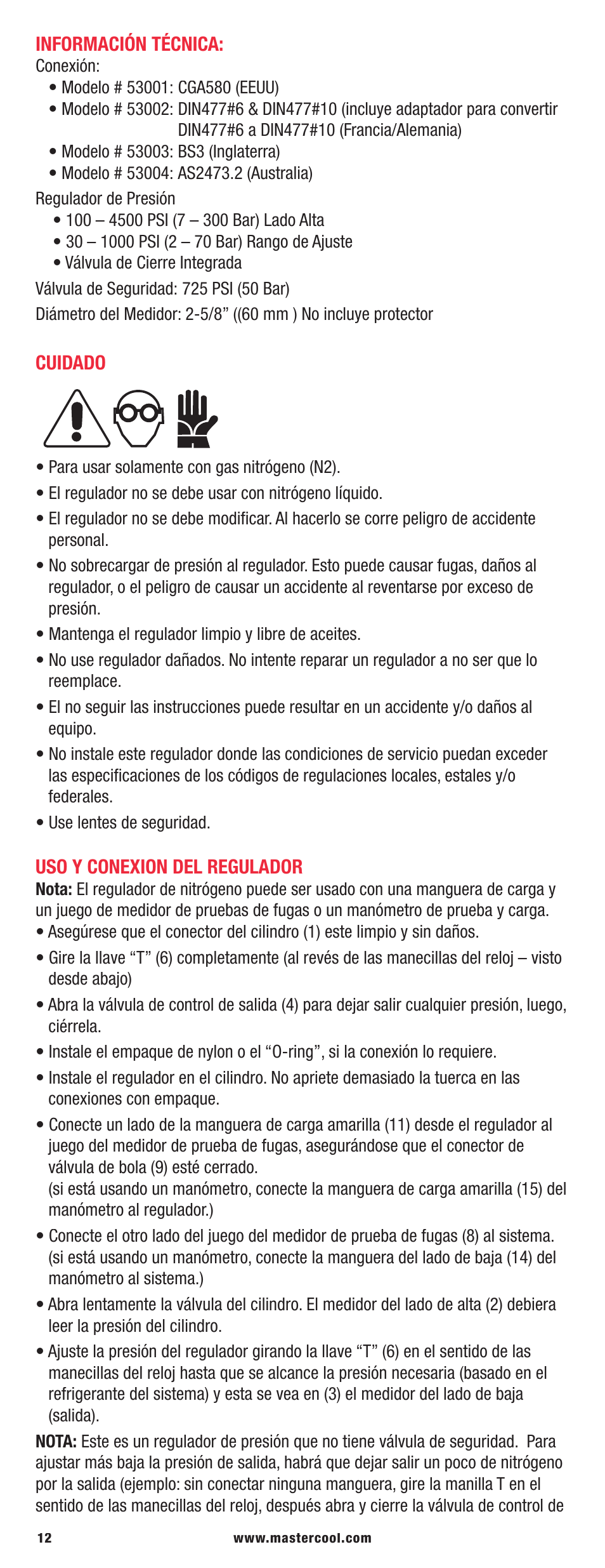 Mastercool 53040 PRESSURE TESTING REGULATOR KIT User Manual | Page 12 / 20