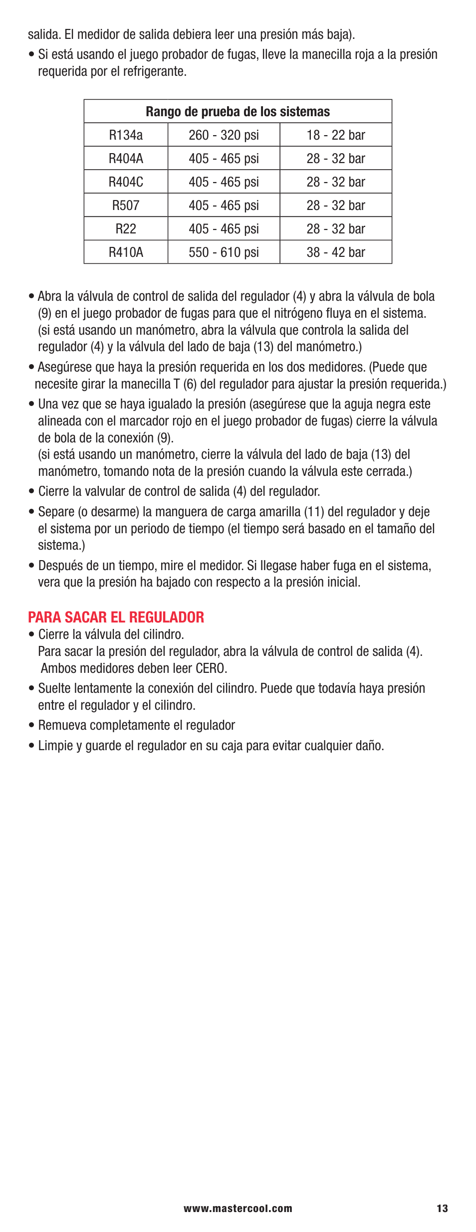 Mastercool 53040 PRESSURE TESTING REGULATOR KIT User Manual | Page 13 / 20