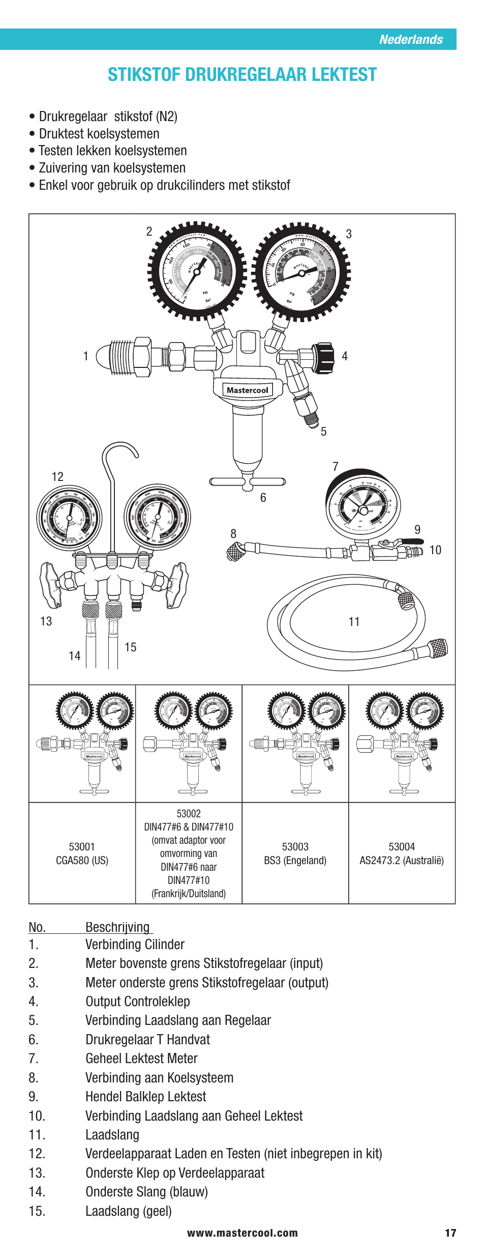Stikstof drukregelaar lektest | Mastercool 53040 PRESSURE TESTING REGULATOR KIT User Manual | Page 17 / 20