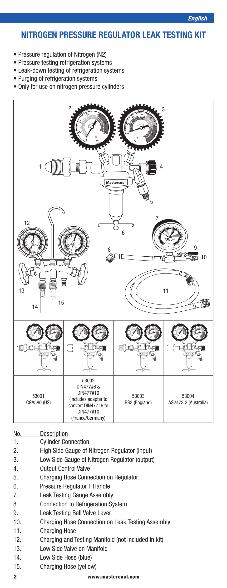 Nitrogen pressure regulator leak testing kit | Mastercool 53040 PRESSURE TESTING REGULATOR KIT User Manual | Page 2 / 20