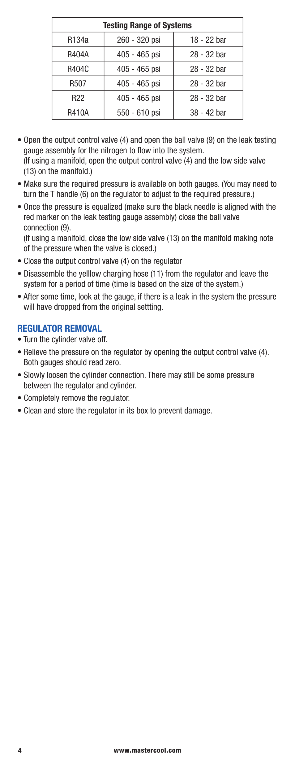 Mastercool 53040 PRESSURE TESTING REGULATOR KIT User Manual | Page 4 / 20