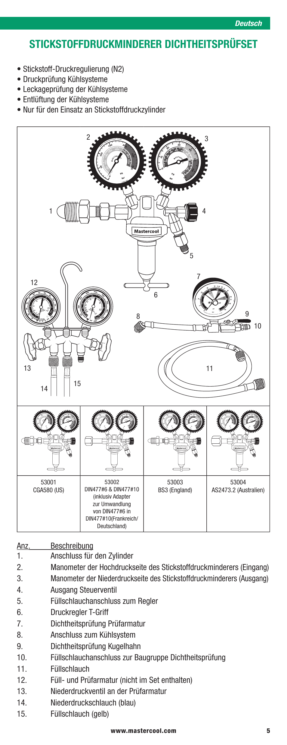 Stickstoffdruckminderer dichtheitsprüfset | Mastercool 53040 PRESSURE TESTING REGULATOR KIT User Manual | Page 5 / 20