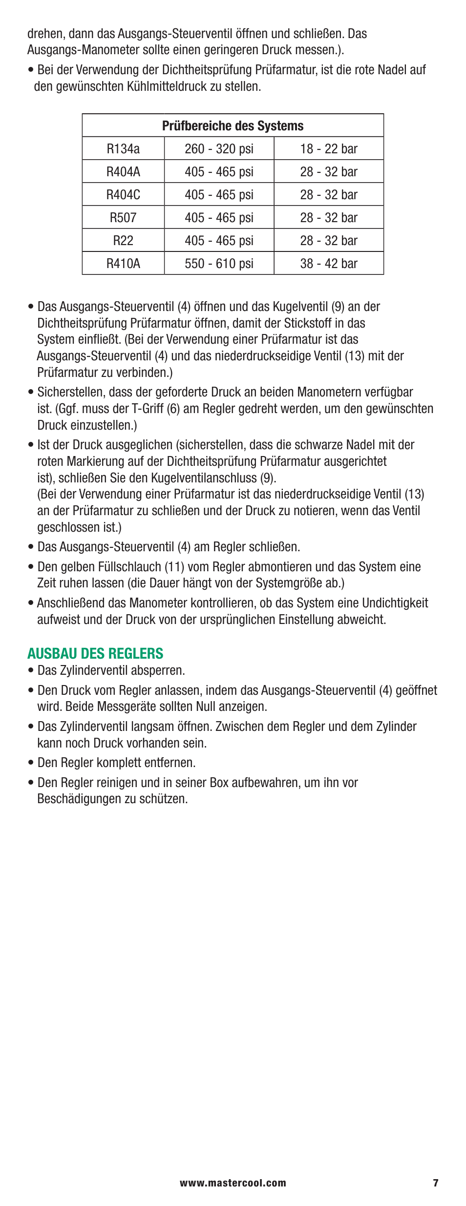 Mastercool 53040 PRESSURE TESTING REGULATOR KIT User Manual | Page 7 / 20