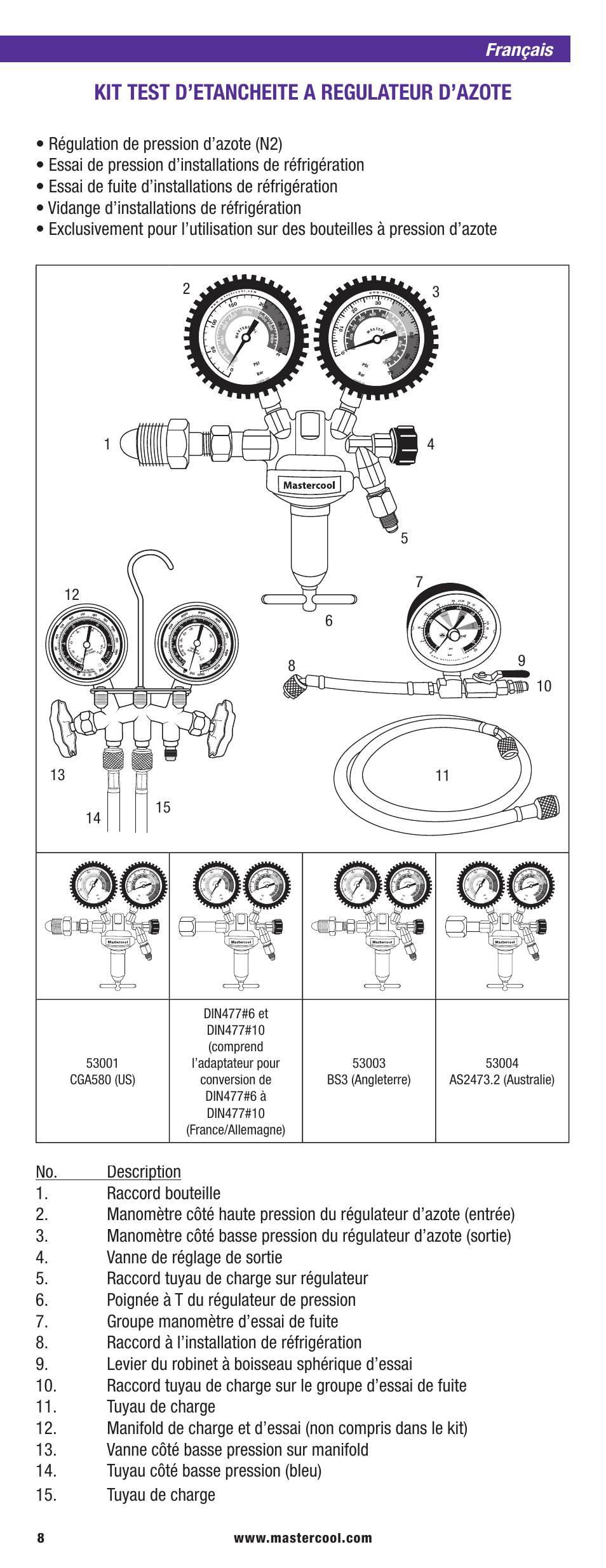 Kit test d’etancheite a regulateur d’azote, Français | Mastercool 53040 PRESSURE TESTING REGULATOR KIT User Manual | Page 8 / 20