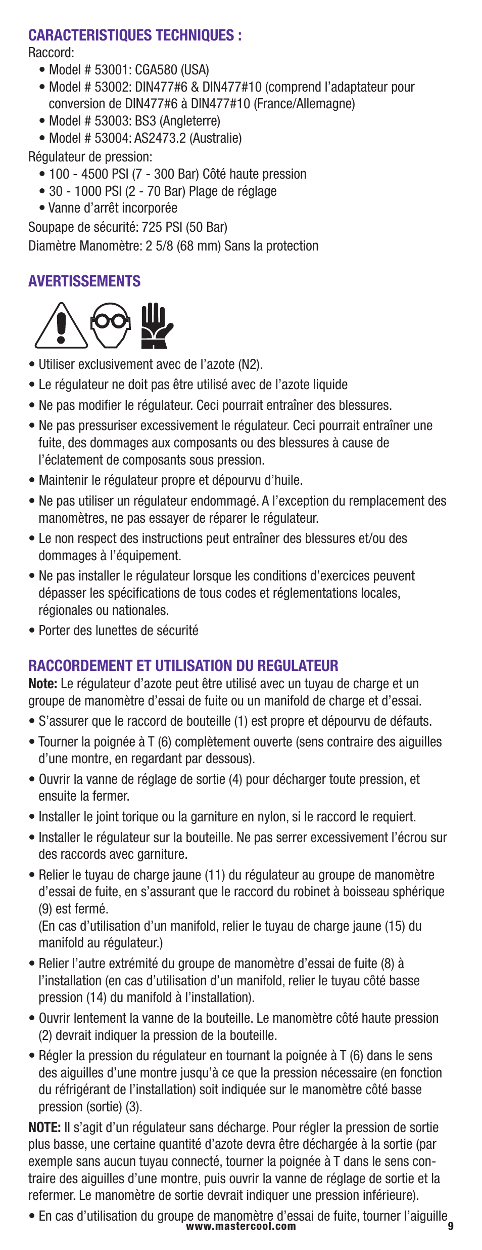 Caracteristiques techniques, Avertissements, Raccordement et utilisation du regulateur | Mastercool 53040 PRESSURE TESTING REGULATOR KIT User Manual | Page 9 / 20