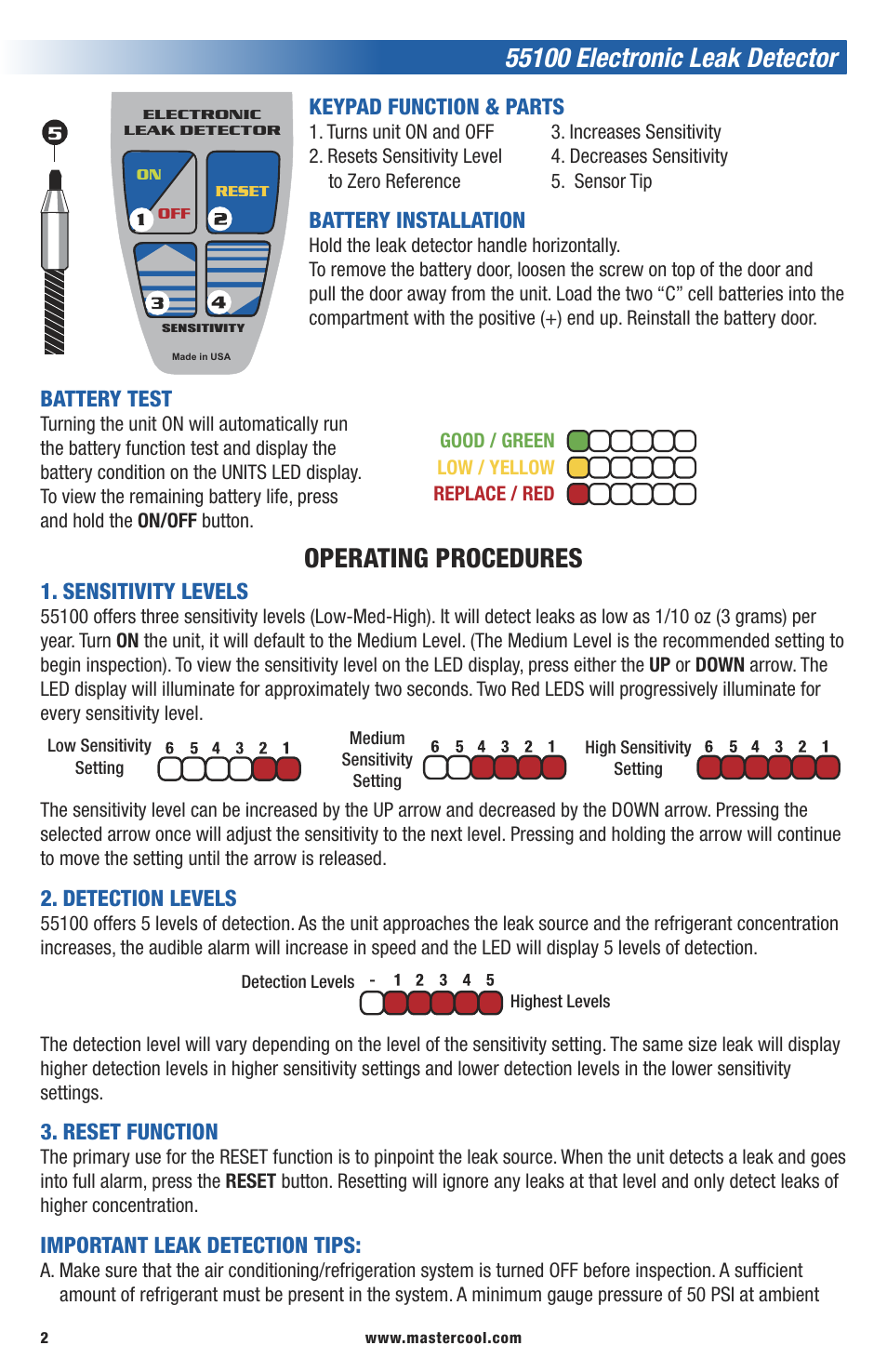 Mastercool 55100 ELECTRONIC LEAK DETECTOR User Manual | 2 pages