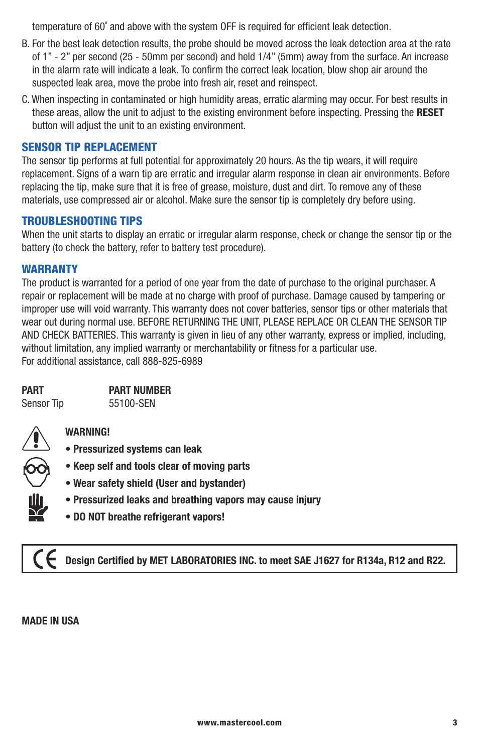 Warning | Mastercool 55100 ELECTRONIC LEAK DETECTOR User Manual | Page 2 / 2