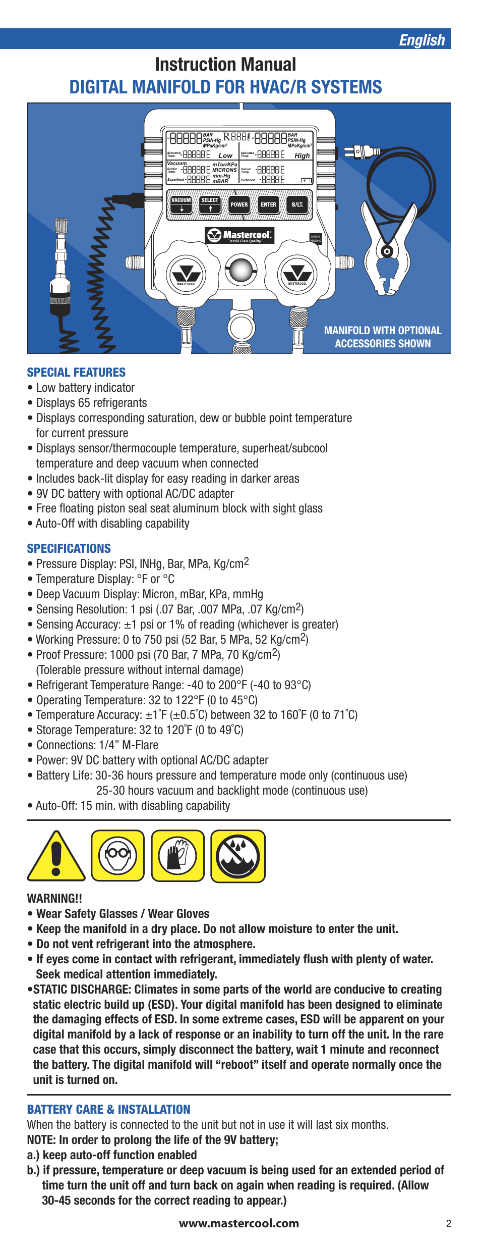 Mastercool 99663*A HVAC Digital Manifold User Manual | 6 pages