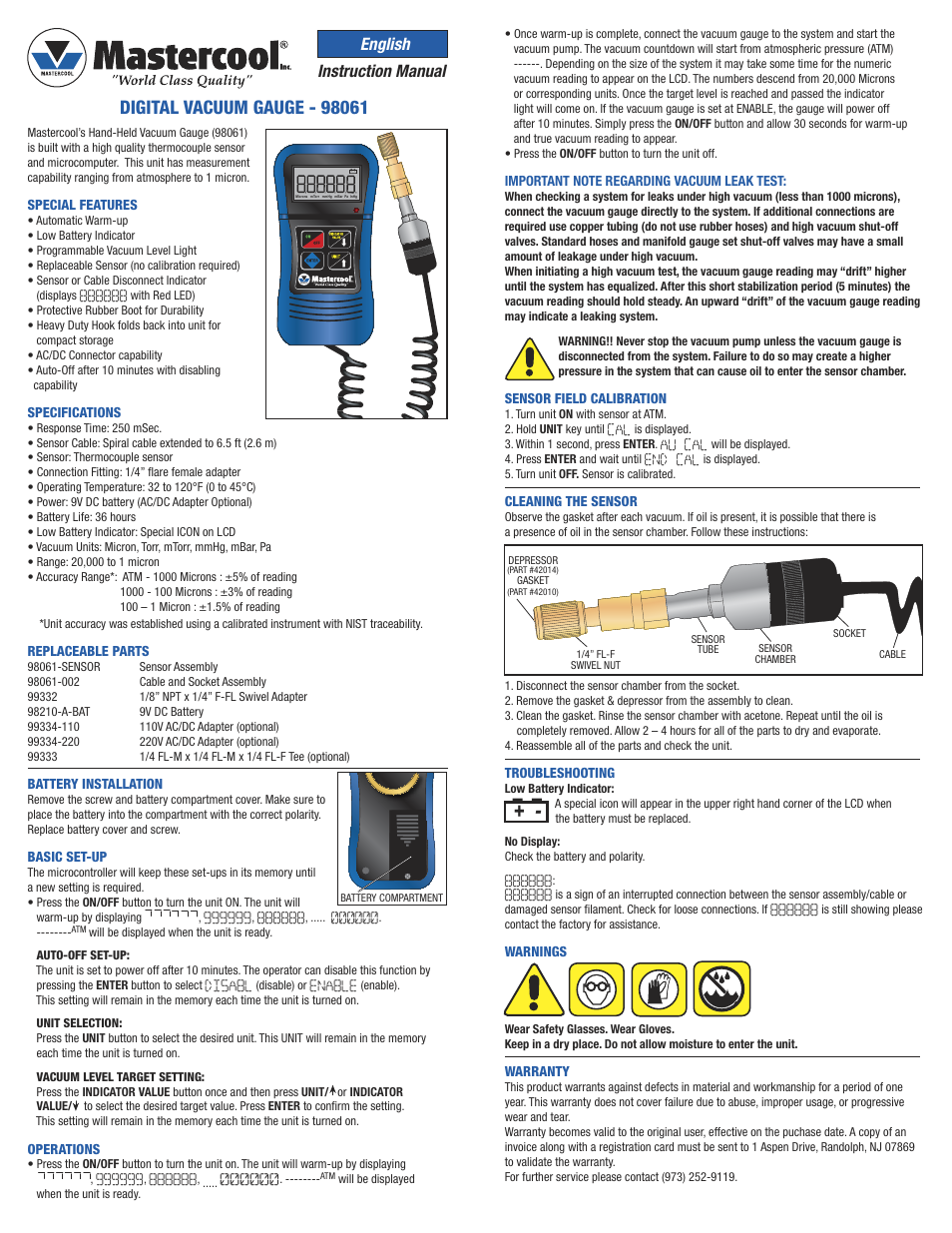 Mastercool 98061 DIGITAL VACUUM GAUGE User Manual | 1 page