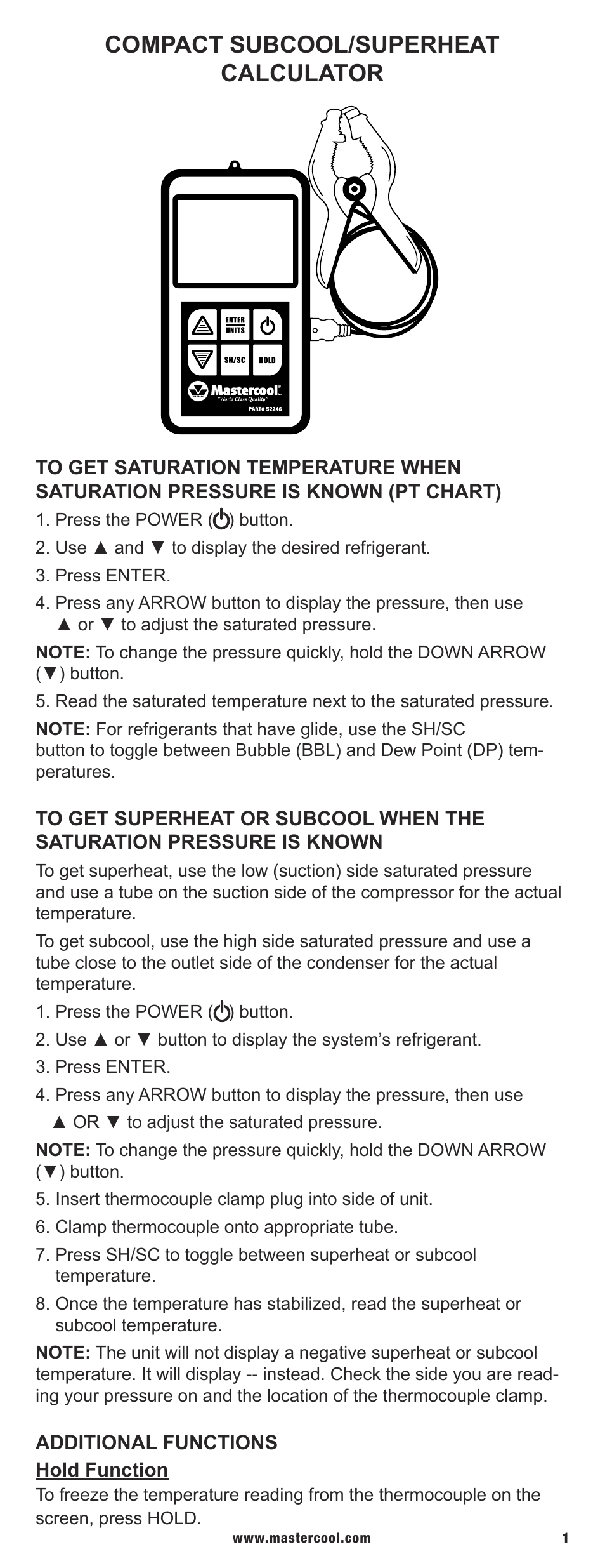 Mastercool 52246 COMPACT SUBCOOL_SUPERHEAT CALCULATOR User Manual | 4 pages