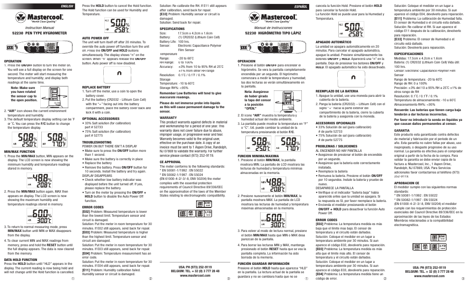 Mastercool 52230 PEN TYPE HYGROMETER User Manual | 2 pages