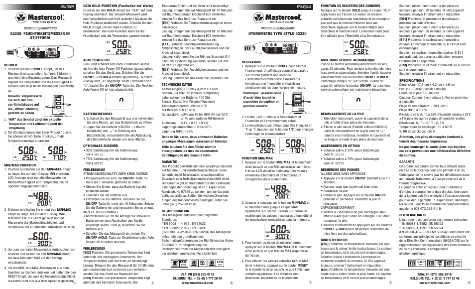 Mastercool 52230 PEN TYPE HYGROMETER User Manual | Page 2 / 2