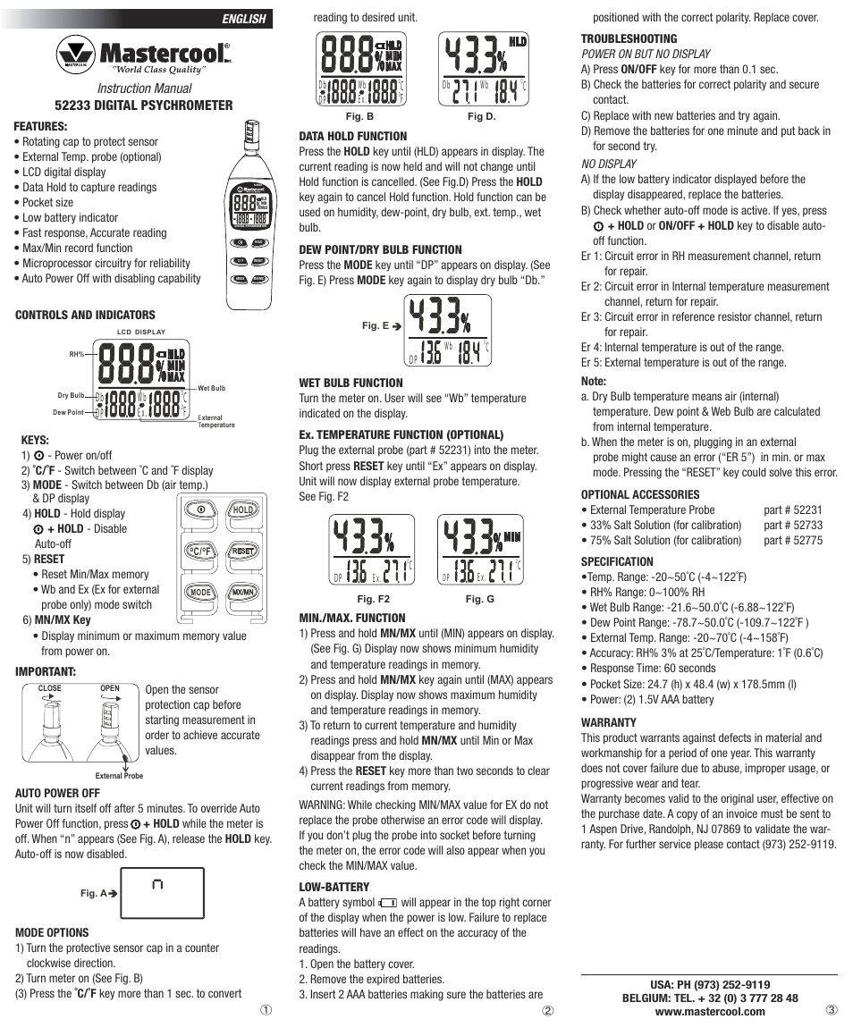 Mastercool 52233 DIGITAL PSYCHROMETER User Manual | 1 page