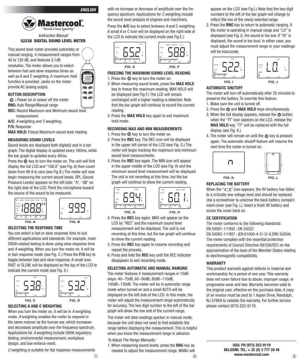 Mastercool 52238 DIGITAL SOUND LEVEL METER User Manual | 1 page
