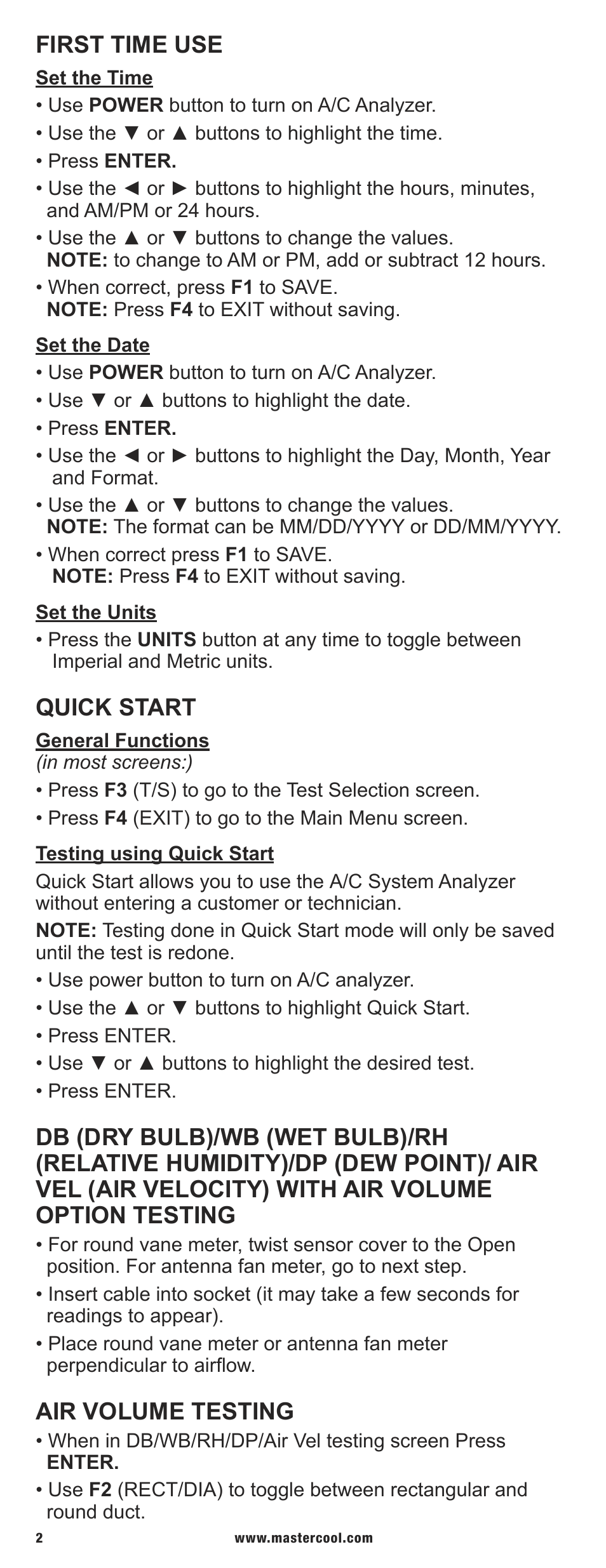 First time use, Quick start, Air volume testing | Mastercool 52251 A_C SYSTEM ANALYZER User Manual | Page 2 / 8