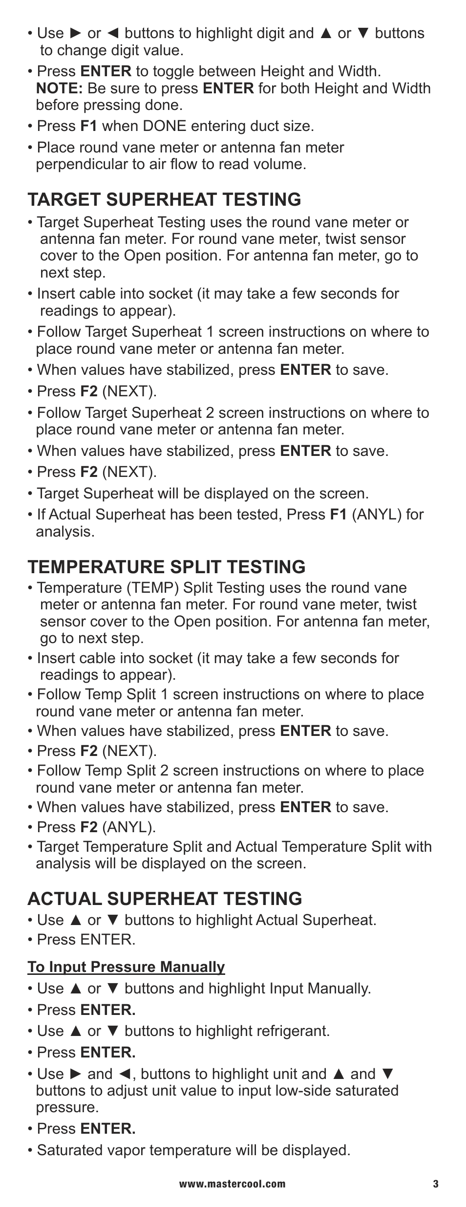 Target superheat testing, Temperature split testing, Actual superheat testing | Mastercool 52251 A_C SYSTEM ANALYZER User Manual | Page 3 / 8