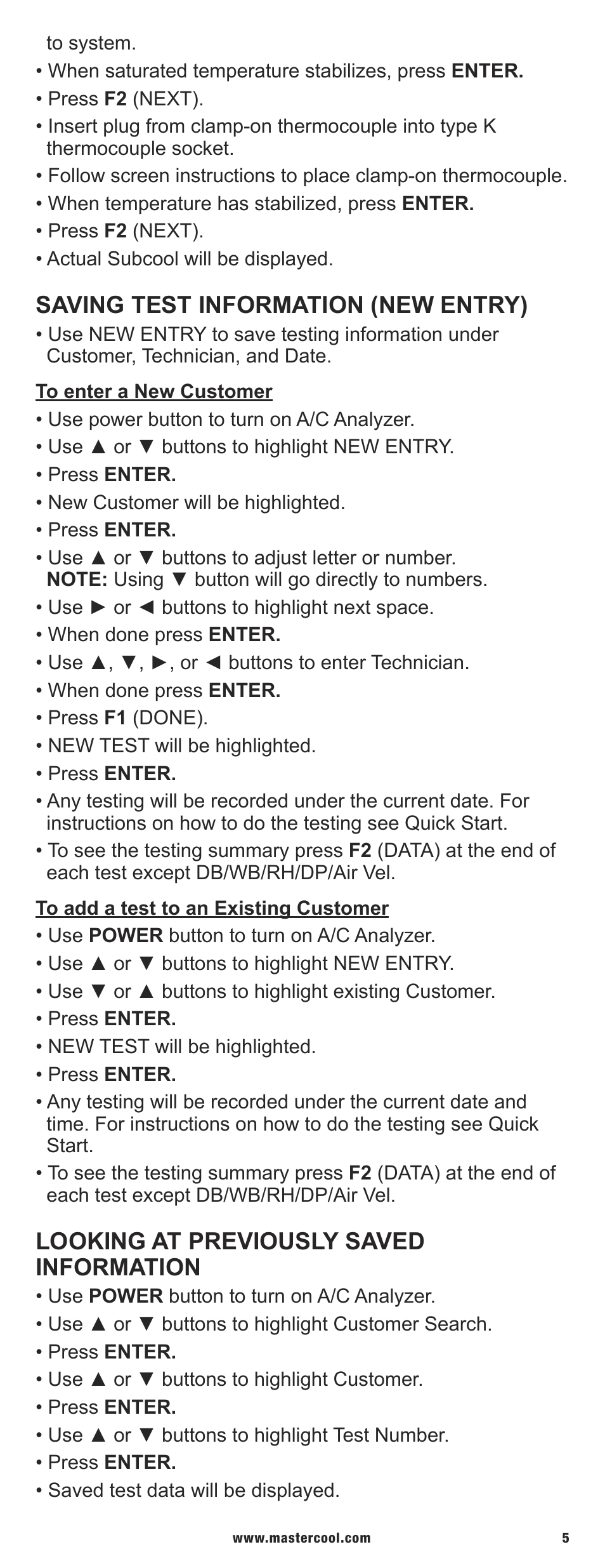 Saving test information (new entry), Looking at previously saved information | Mastercool 52251 A_C SYSTEM ANALYZER User Manual | Page 5 / 8