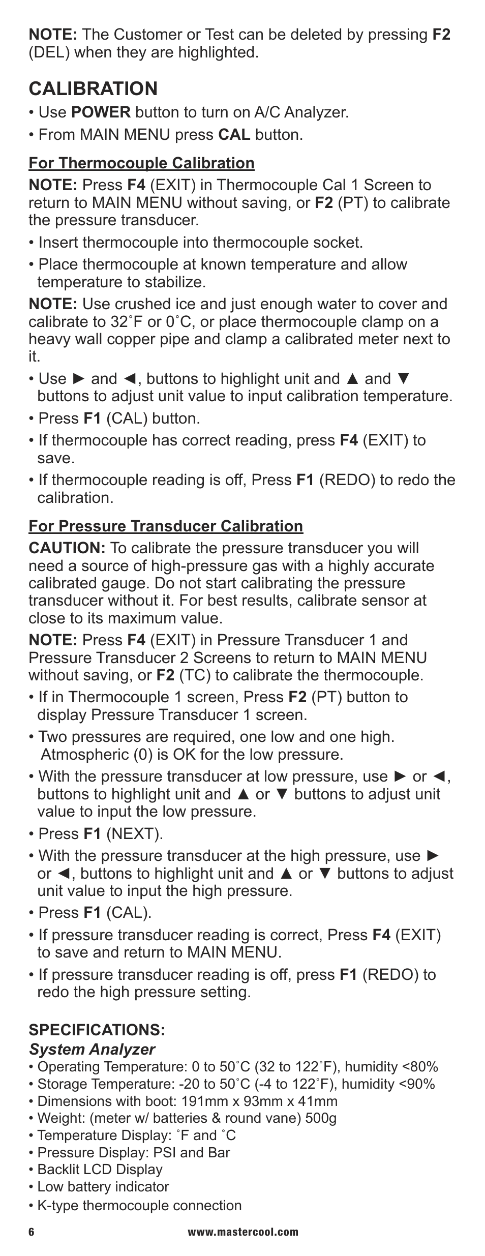 Calibration | Mastercool 52251 A_C SYSTEM ANALYZER User Manual | Page 6 / 8