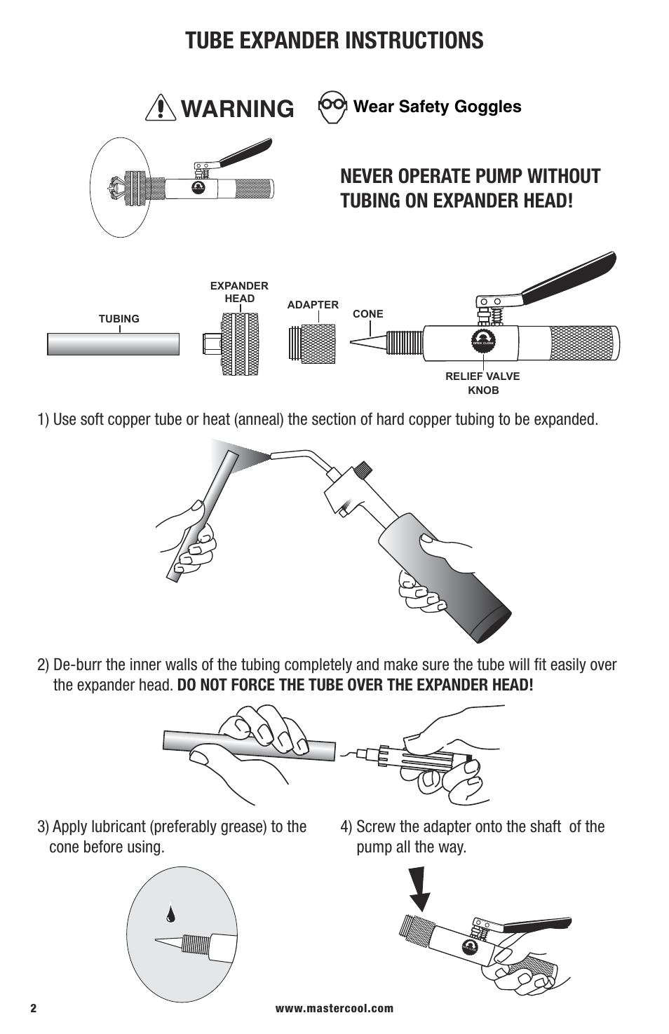 Tube expander instructions, Never operate pump without tubing on expander head | Mastercool 71600 TUBE EXPANDING TOOL KIT (7 Head Kit) User Manual | Page 2 / 4