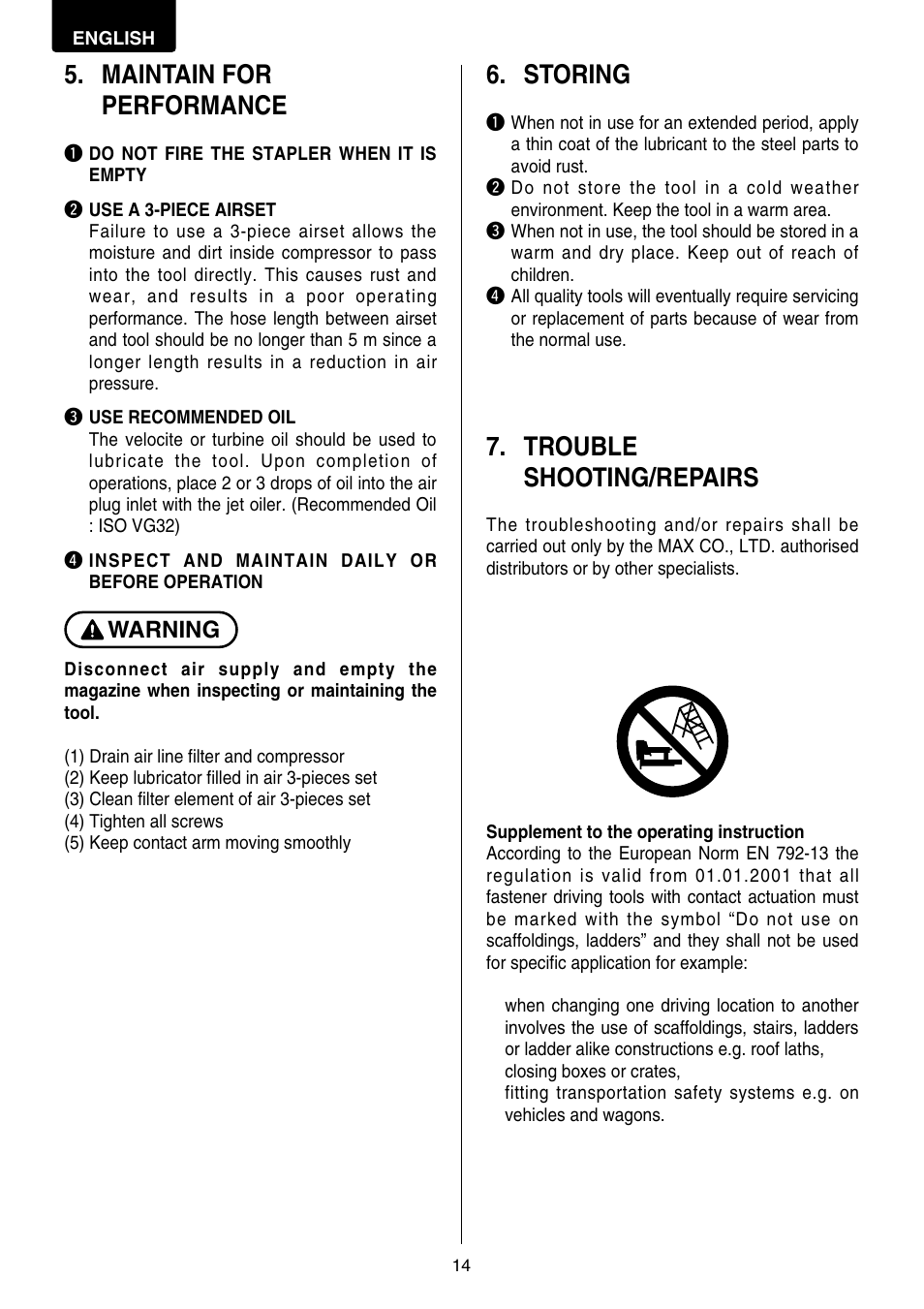 Maintain for performance, Storing, Trouble shooting/repairs | Warning | MAX TA551A/16-11 User Manual | Page 14 / 15