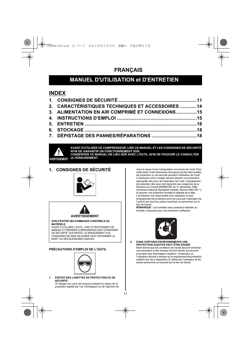 Français, Manuel d'utilisation et d'entretien, Index | Consignes de sécurité 11, Caractéristiques techniques et accessoires 14, Alimentation en air comprimé et connexions 15, Instructions d’emploi 15, Entretien 18, Stockage 18, Dépistage des pannes/réparations 18 | MAX TA238A/18-6 User Manual | Page 11 / 32