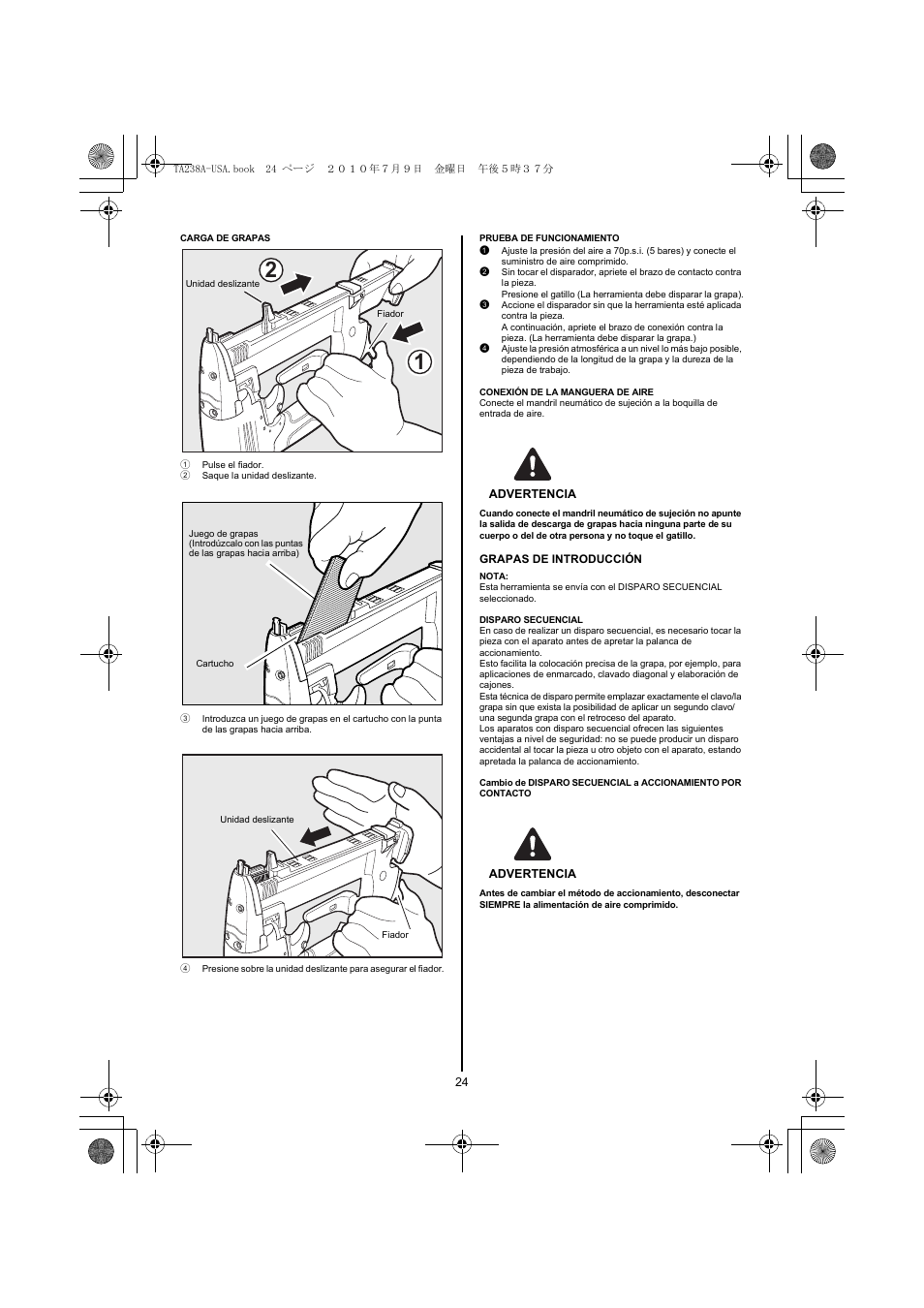 1 pulse el fiador, 2 saque la unidad deslizante, Advertencia | MAX TA238A/18-6 User Manual | Page 24 / 32
