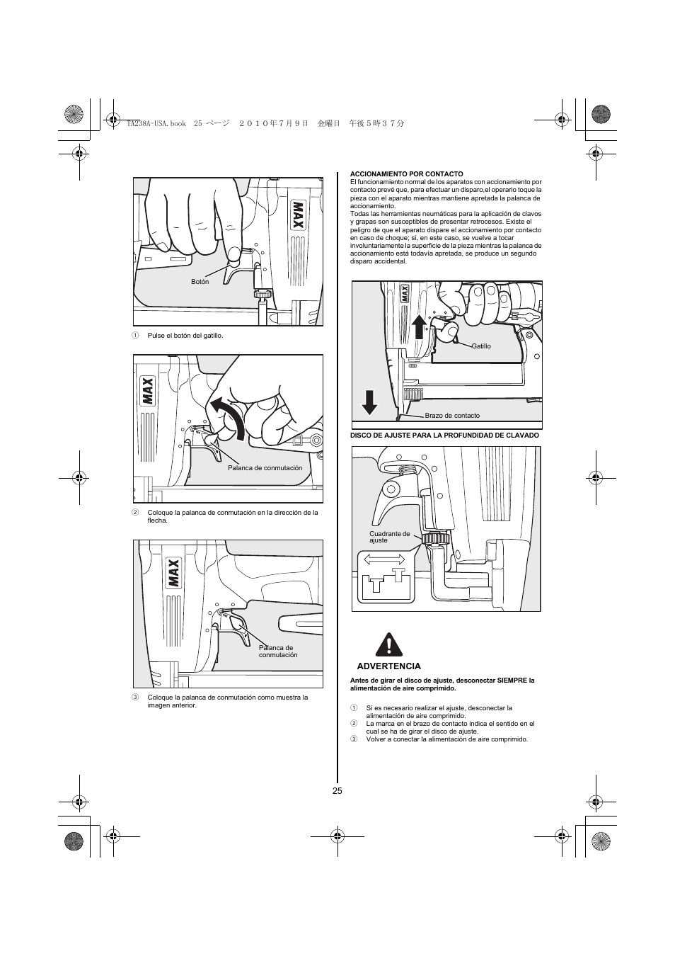 1 pulse el botón del gatillo, Advertencia | MAX TA238A/18-6 User Manual | Page 25 / 32