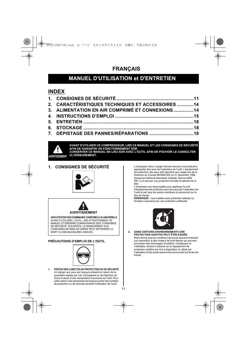 Français, Manuel d'utilisation et d'entretien, Index | Consignes de sécurité 11, Caractéristiques techniques et accessoires 14, Alimentation en air comprimé et connexions 14, Instructions d’emploi 15, Entretien 18, Stockage 18, Dépistage des pannes/réparations 18 | MAX NF255F/18 User Manual | Page 11 / 36