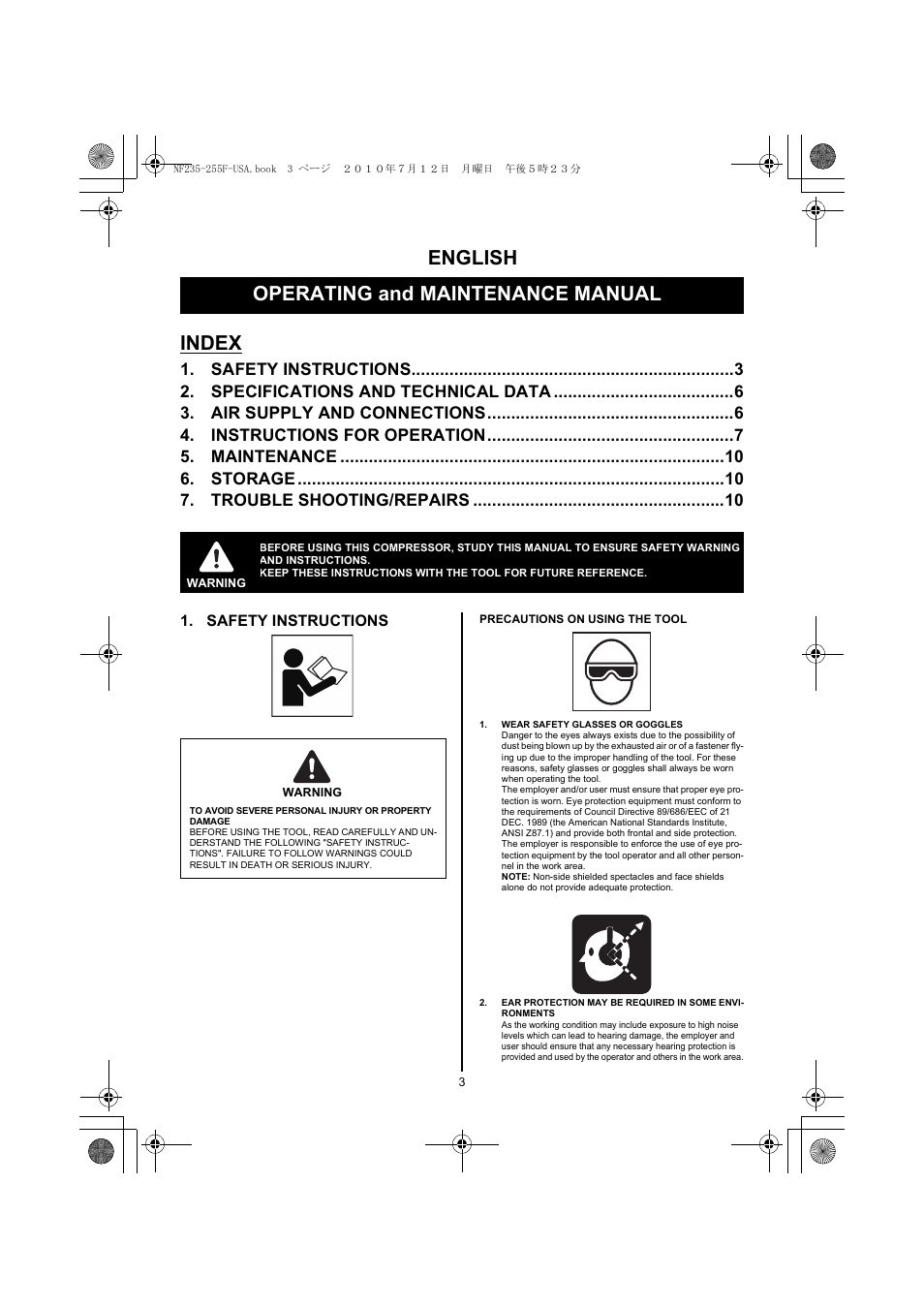 English, Operating and maintenance manual, Index | Safety instructions 3, Specifications and technical data 6, Air supply and connections 6, Instructions for operation 7, Maintenance 10, Storage 10, Trouble shooting/repairs 10 | MAX NF255F/18 User Manual | Page 3 / 36