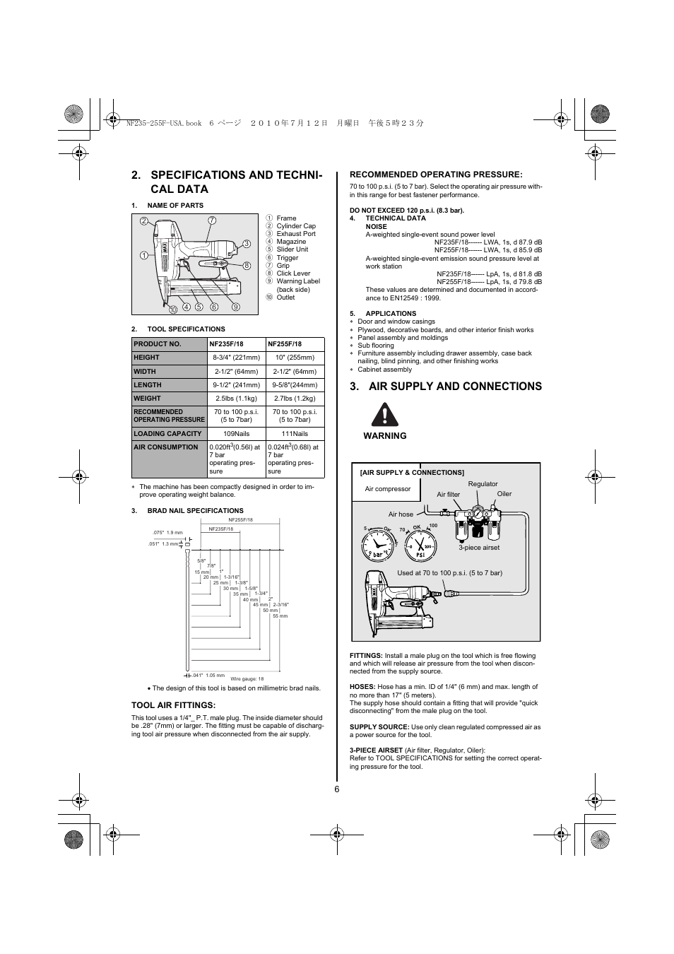 Specifications and technical data, Name of parts, Tool specifications | 3/4" (221mm), 10" (255mm), 1/2" (64mm), 1/2" (241mm), 5/8"(244mm), 5lbs (1.1kg), 7lbs (1.2kg) | MAX NF255F/18 User Manual | Page 6 / 36