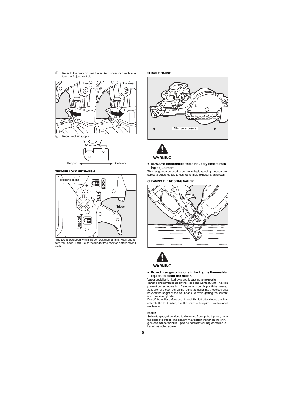 4 reconnect air supply, Trigger lock mechanism, Shingle gauge | Warning, Cleaning the roofing nailer, Note | MAX CN445R2 User Manual | Page 10 / 40