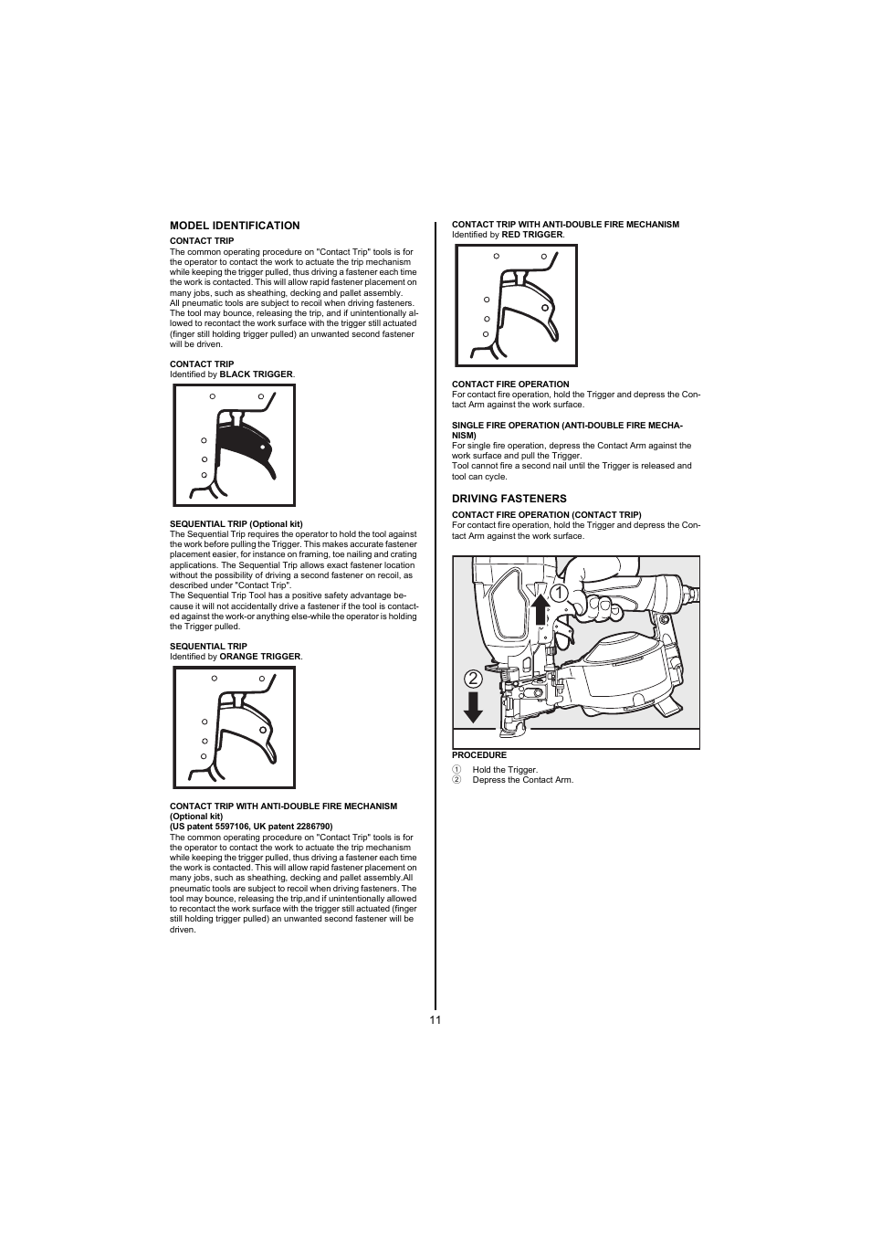 Contact trip, Sequential trip (optional kit), Sequential trip | Contact trip with anti-double fire mechanism, Optional kit), Us patent 5597106, uk patent 2286790), Contact fire operation, Single fire operation (anti-double fire mechanism), Contact fire operation (contact trip), Procedure | MAX CN445R2 User Manual | Page 11 / 40