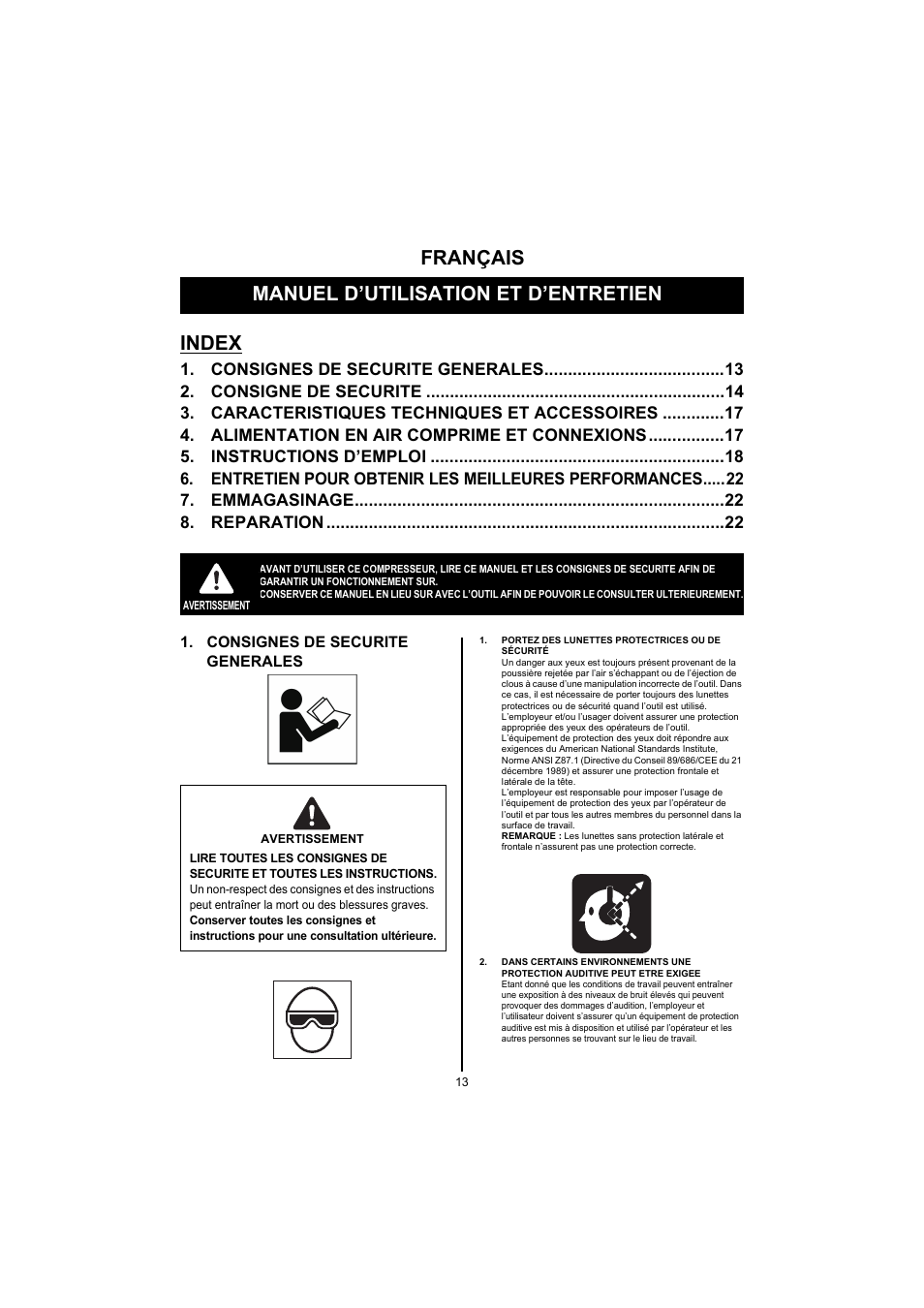 Français, Manuel d’utilisation et d’entretien, Index | Consignes de securite generales 13, Consigne de securite 14, Caracteristiques techniques et accessoires 17, Alimentation en air comprime et connexions 17, Instructions d’emploi 18, Emmagasinage 22, Reparation 22 | MAX CN445R2 User Manual | Page 13 / 40