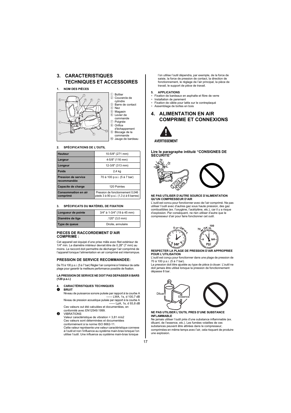 Caracteristiques techniques et accessoires, Nom des pièces, Spécifications de l’outil | Spécificats du matériel de fixation, Caractéristiques techniques, 1 bruit, 2 vibrations, Applications, Alimentation en air comprime et connexions, Avertissement | MAX CN445R2 User Manual | Page 17 / 40