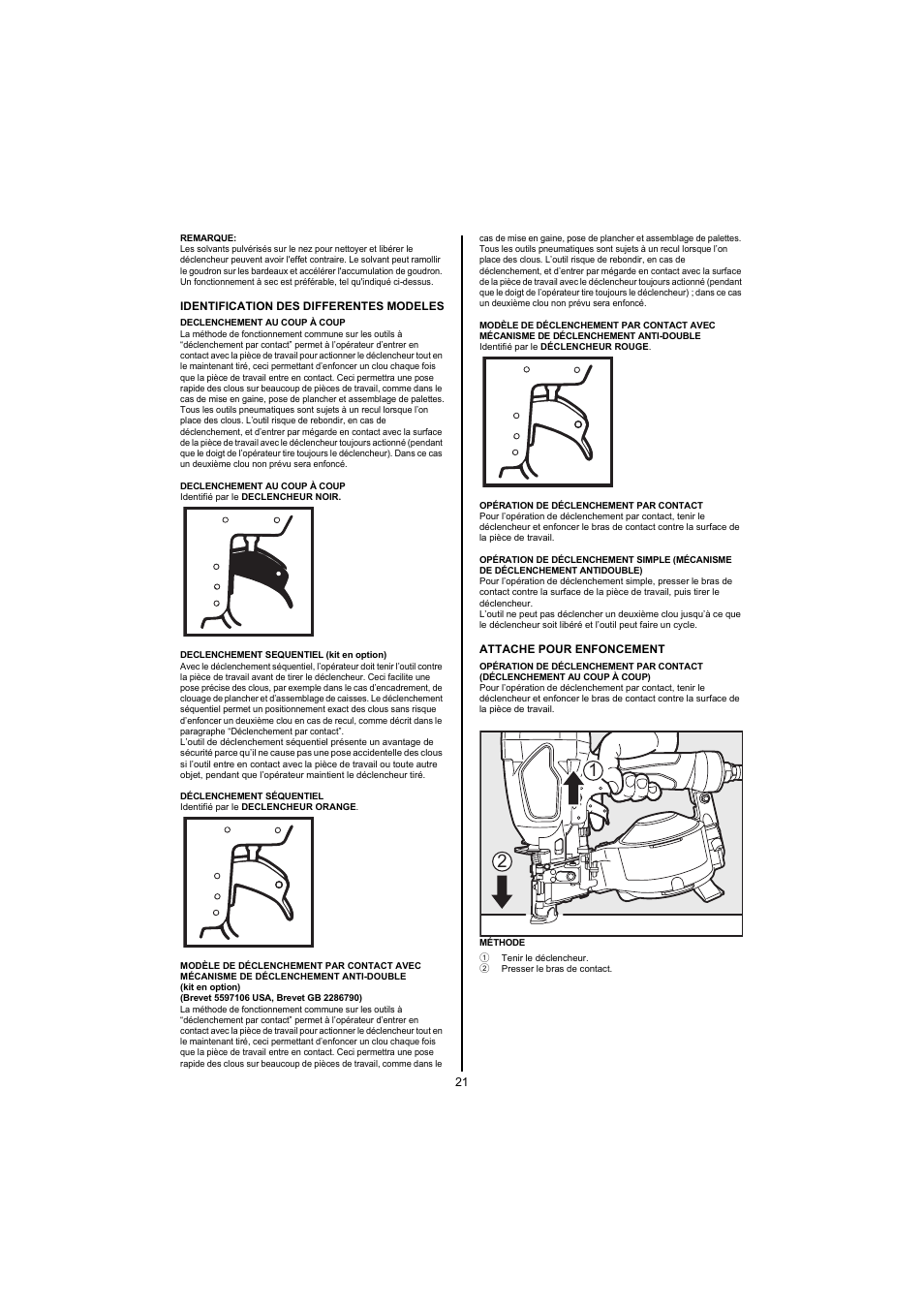 1 tenir le déclencheur, 2 presser le bras de contact | MAX CN445R2 User Manual | Page 21 / 40