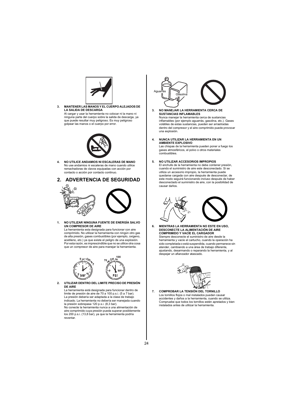 No utilice andamios ni escaleras de mano, Advertencia de seguridad, No utilizar accesorios impropios | Comprobar la tensión del tornillo | MAX CN445R2 User Manual | Page 24 / 40