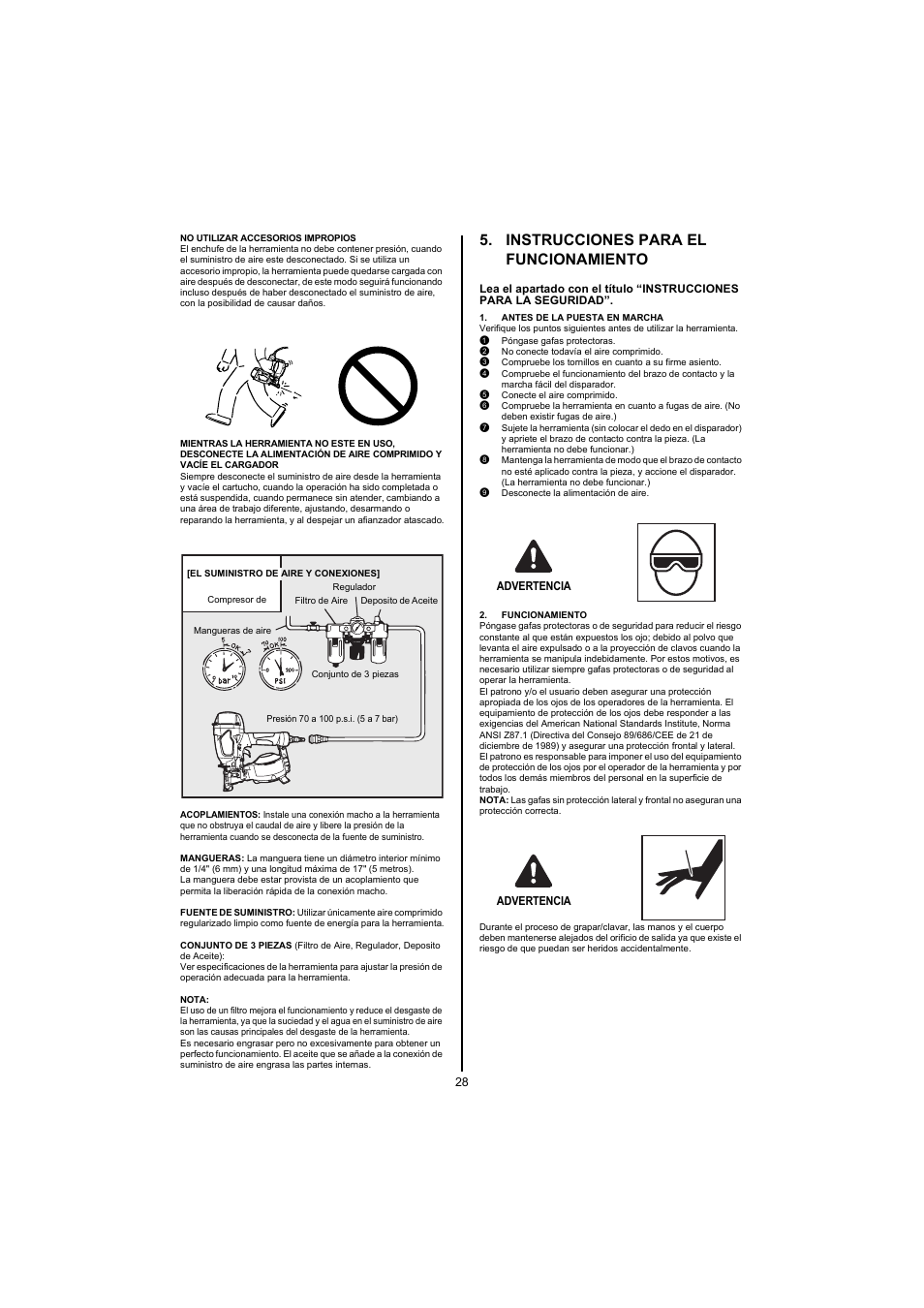 Instrucciones para el funcionamiento, Antes de la puesta en marcha, 1 póngase gafas protectoras | 2 no conecte todavía el aire comprimido, 5 conecte el aire comprimido, 9 desconecte la alimentación de aire, Advertencia, Funcionamiento | MAX CN445R2 User Manual | Page 28 / 40