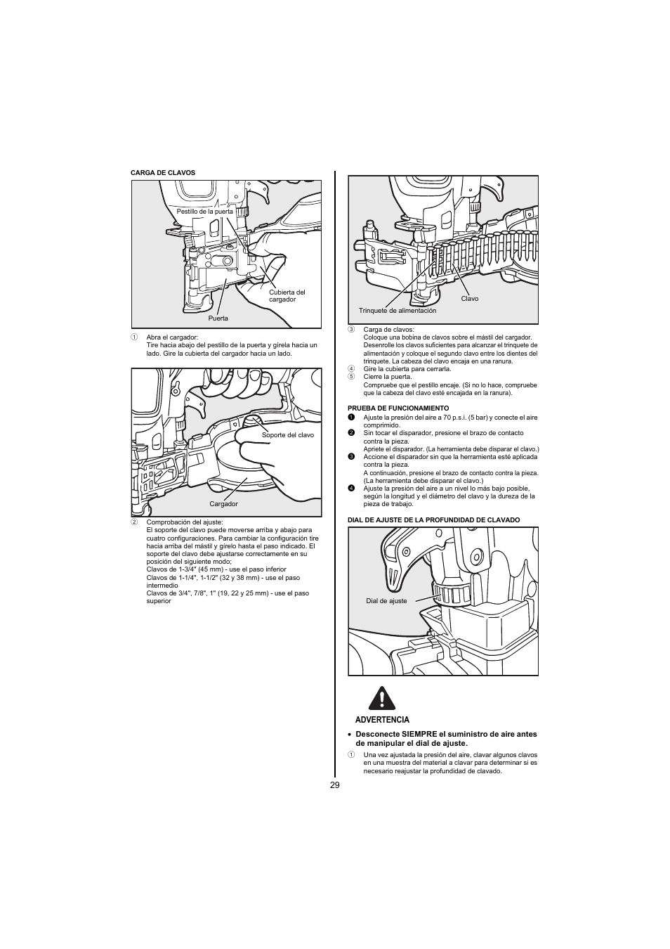 1 abra el cargador, 2 comprobación del ajuste, 3 carga de clavos | 4 gire la cubierta para cerrarla, 5 cierre la puerta, Advertencia | MAX CN445R2 User Manual | Page 29 / 40