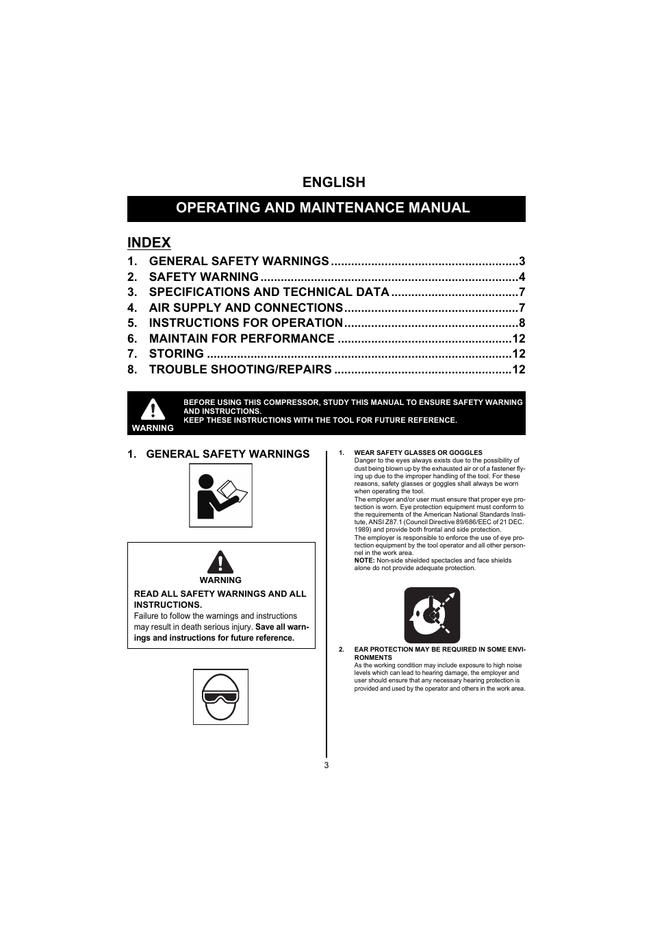 English, Operating and maintenance manual, Index | General safety warnings 3, Safety warning 4, Specifications and technical data 7, Air supply and connections 7, Instructions for operation 8, Maintain for performance 12, Storing 12 | MAX CN445R2 User Manual | Page 3 / 40