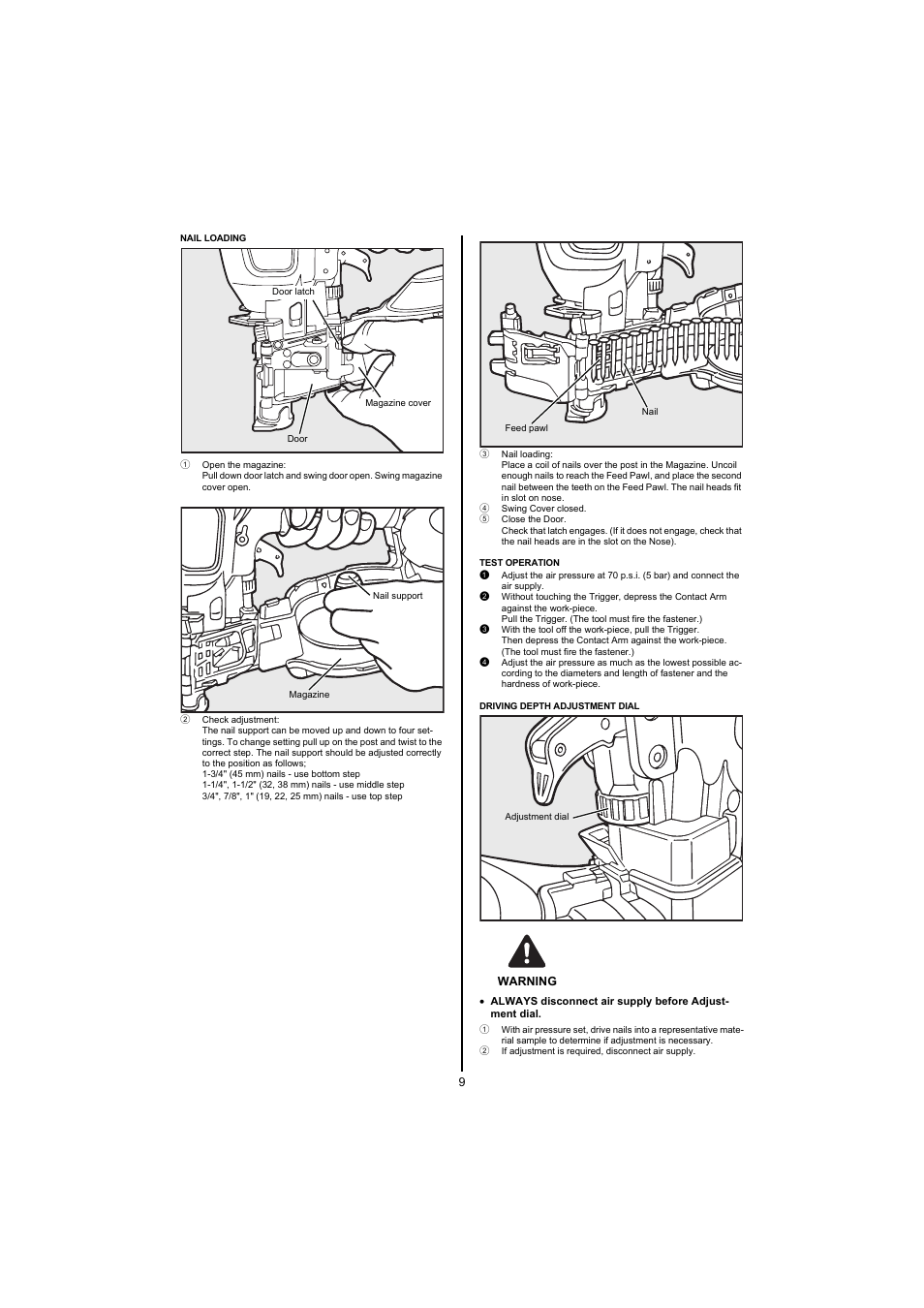 Nail loading, 1 open the magazine, 2 check adjustment | 3 nail loading, 4 swing cover closed, 5 close the door, Test operation, Driving depth adjustment dial, Warning, 2 if adjustment is required, disconnect air supply | MAX CN445R2 User Manual | Page 9 / 40