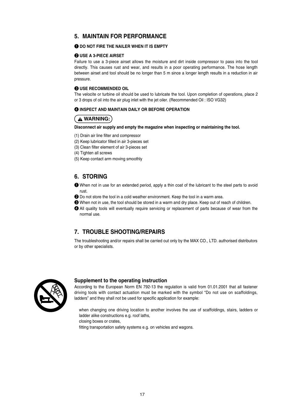 Maintain for performance, Storing, Trouble shooting/repairs | MAX SN883CH/34 User Manual | Page 17 / 18