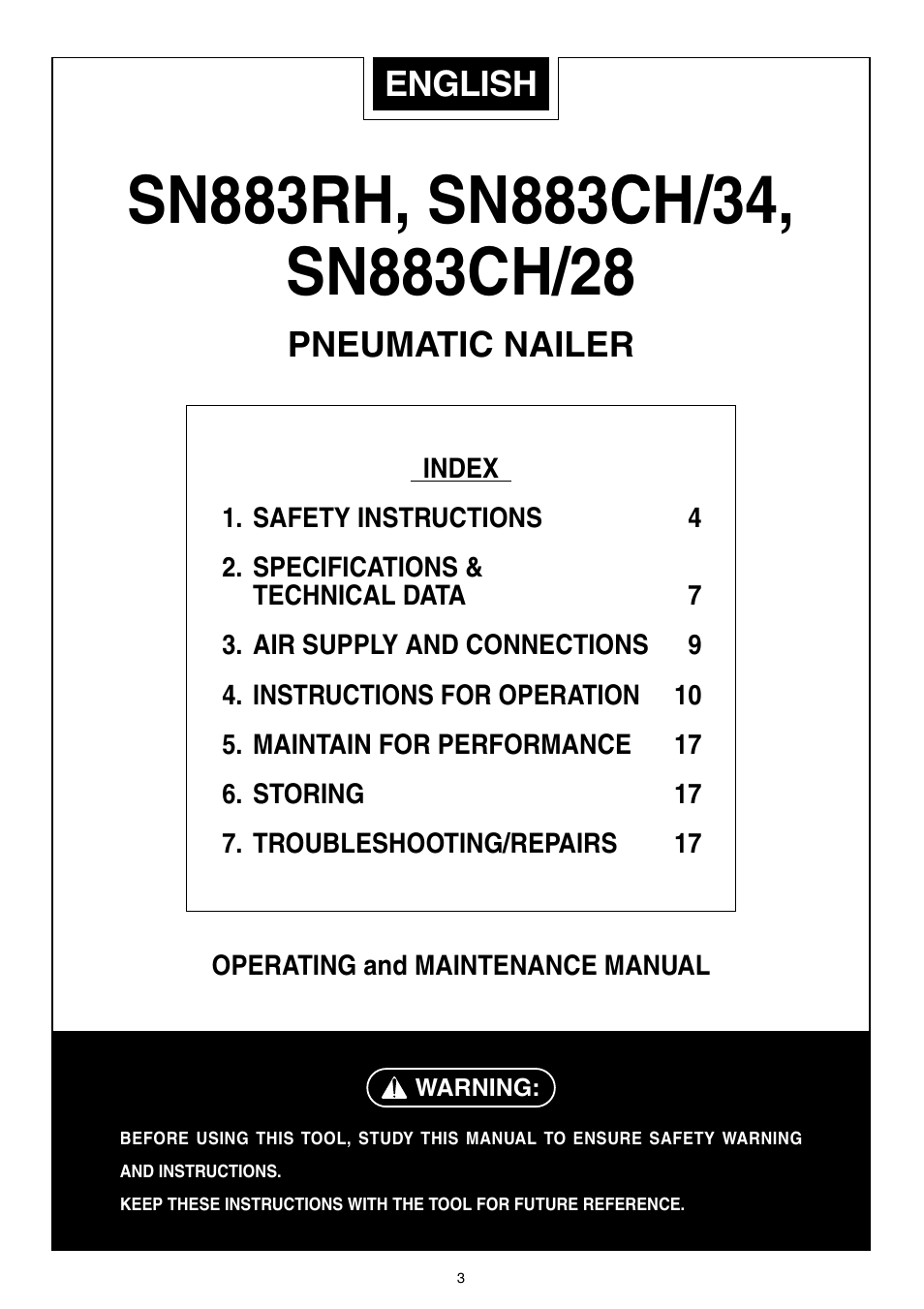 English, Pneumatic nailer | MAX SN883CH/34 User Manual | Page 3 / 18