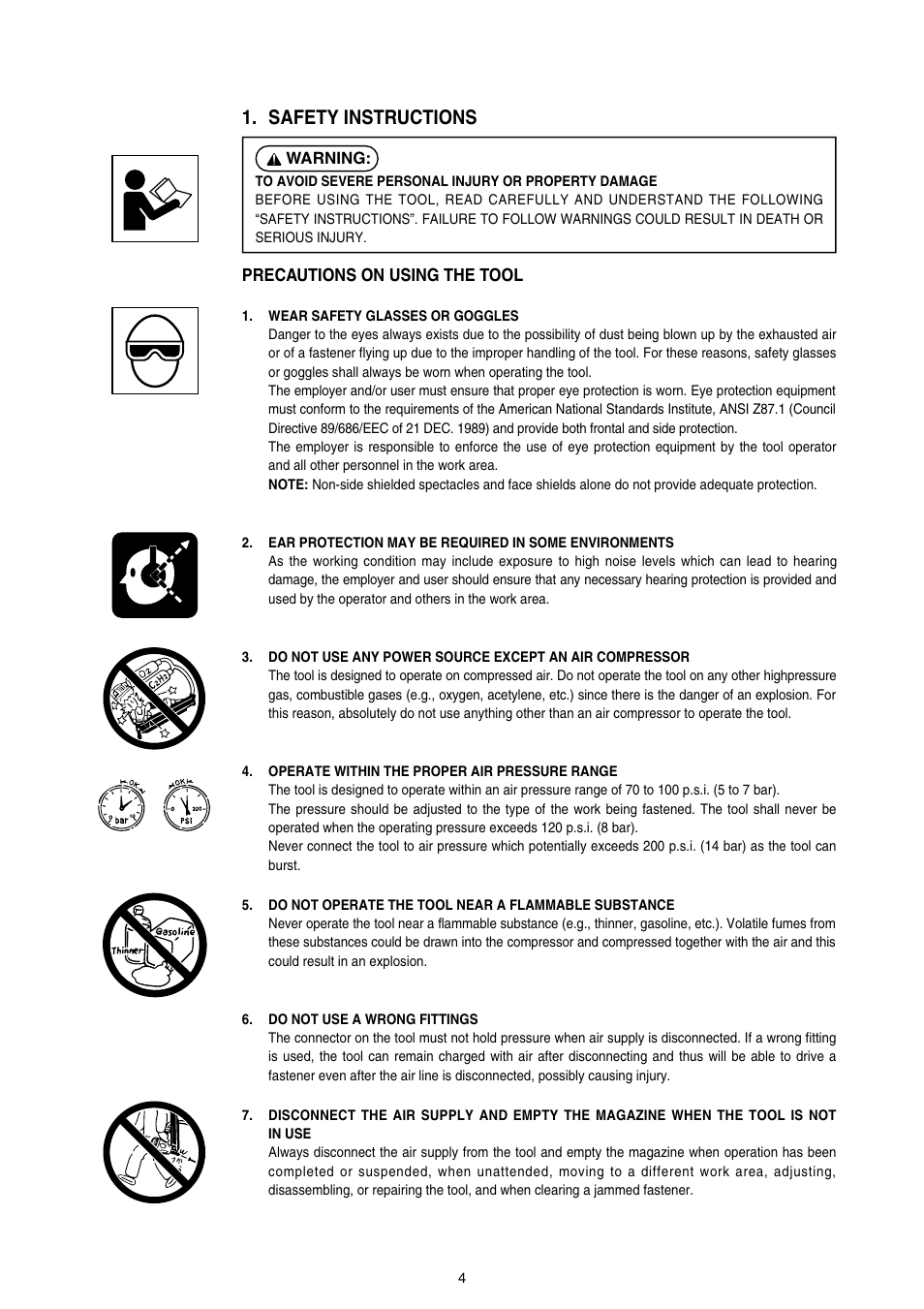 Safety instructions, Precautions on using the tool, Warning | MAX SN883CH/34 User Manual | Page 4 / 18