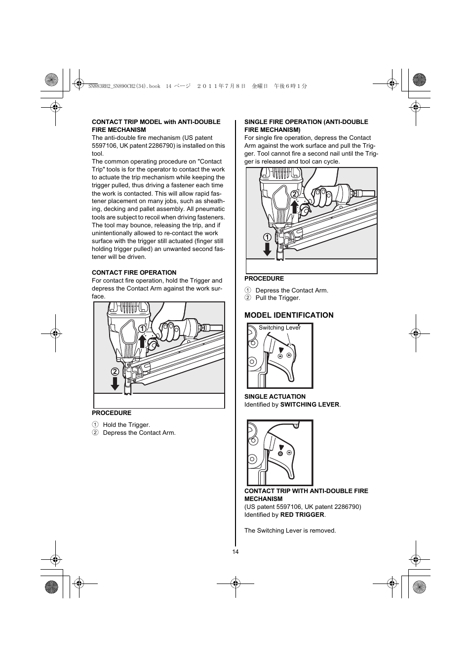 1 hold the trigger, 2 depress the contact arm, 1 depress the contact arm | 2 pull the trigger | MAX SN883RH2 User Manual | Page 14 / 60